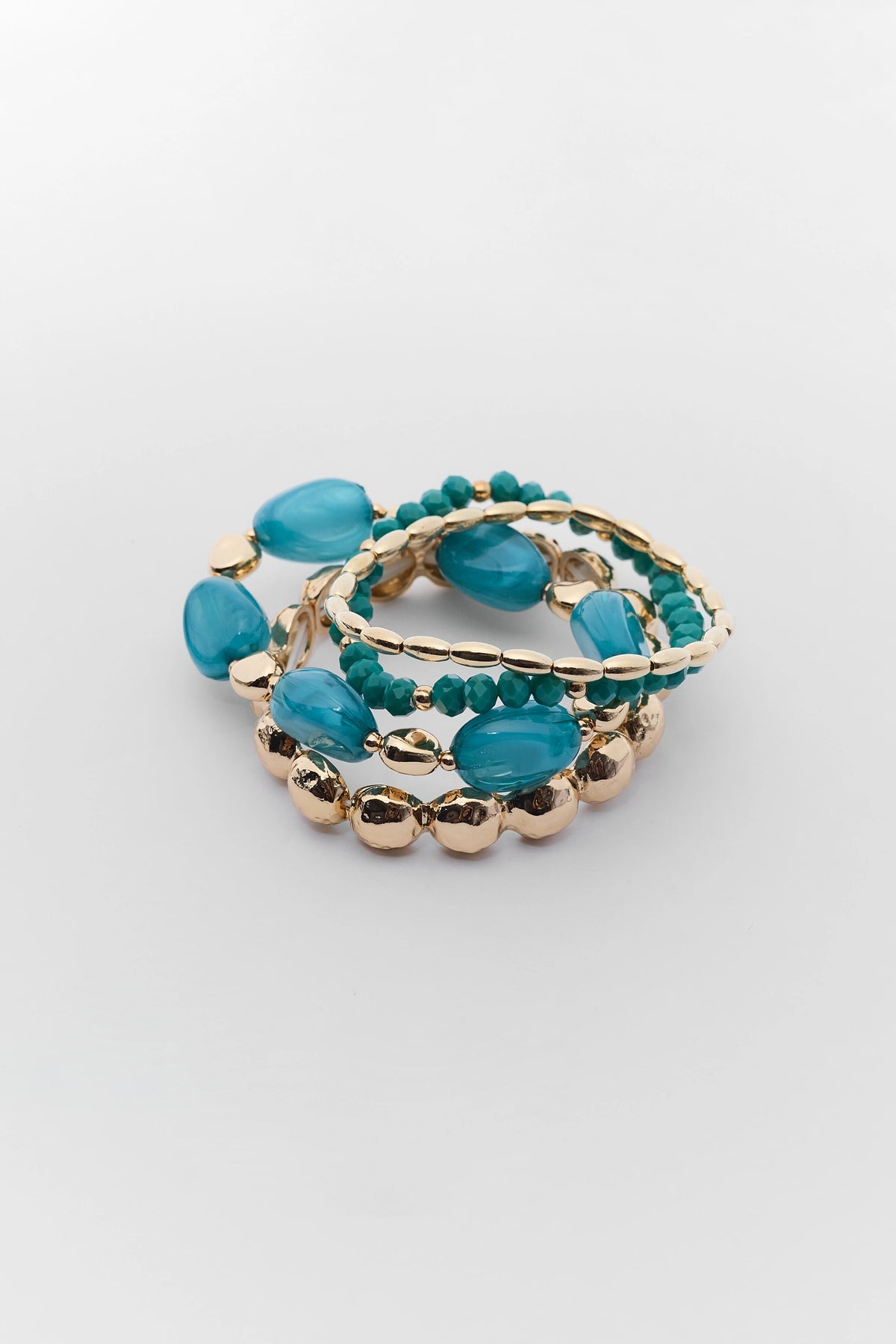 Teal & Gold Beaded Stretch Bracelet Stack - Flat Lay Detail | Avara