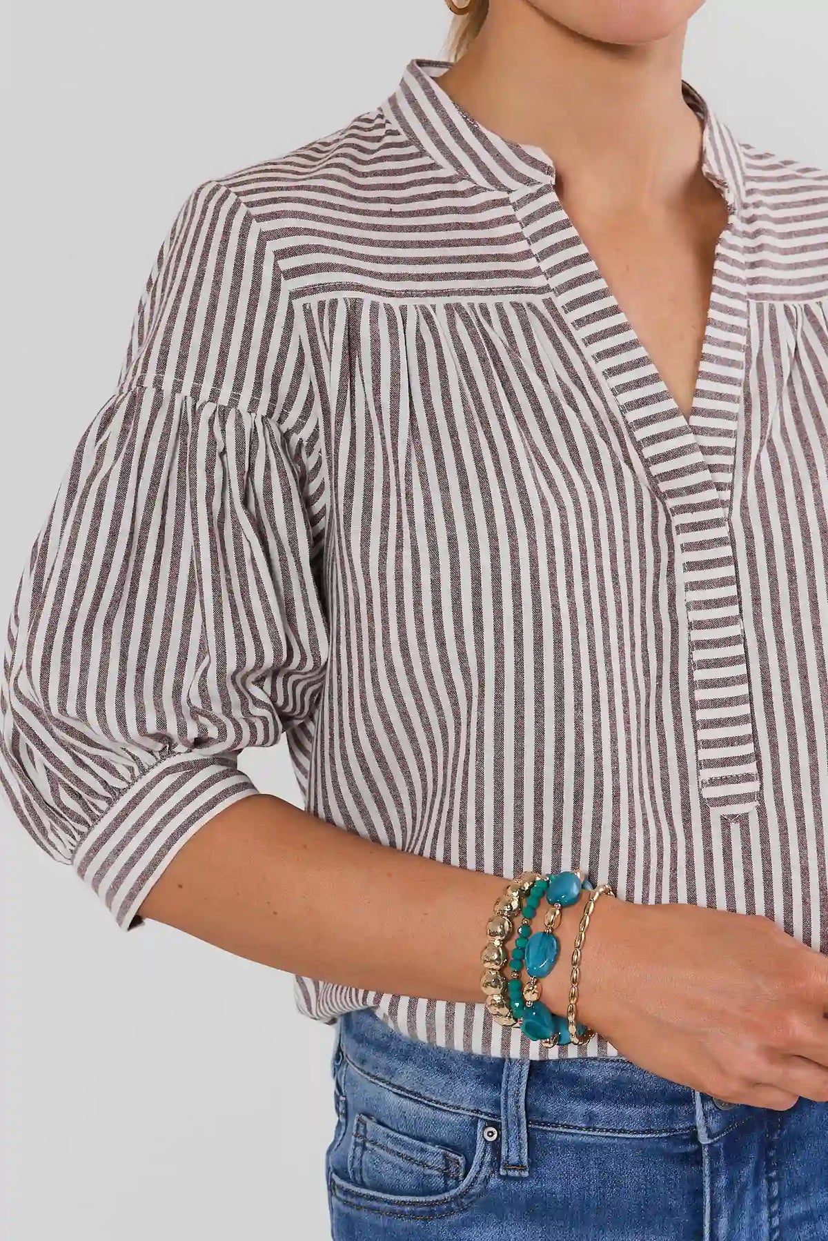 Teal Beaded Stretch Bracelet Stack On Model with Striped Top - Styled Look | Avara