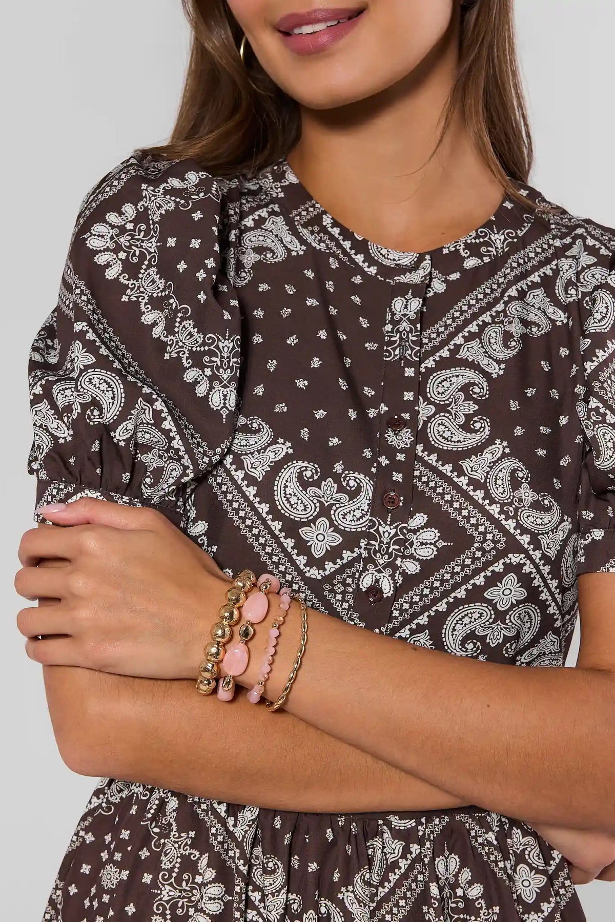 Pink Beaded Stretch Bracelet Stack Styled On Model - Wrist Detail | Avara