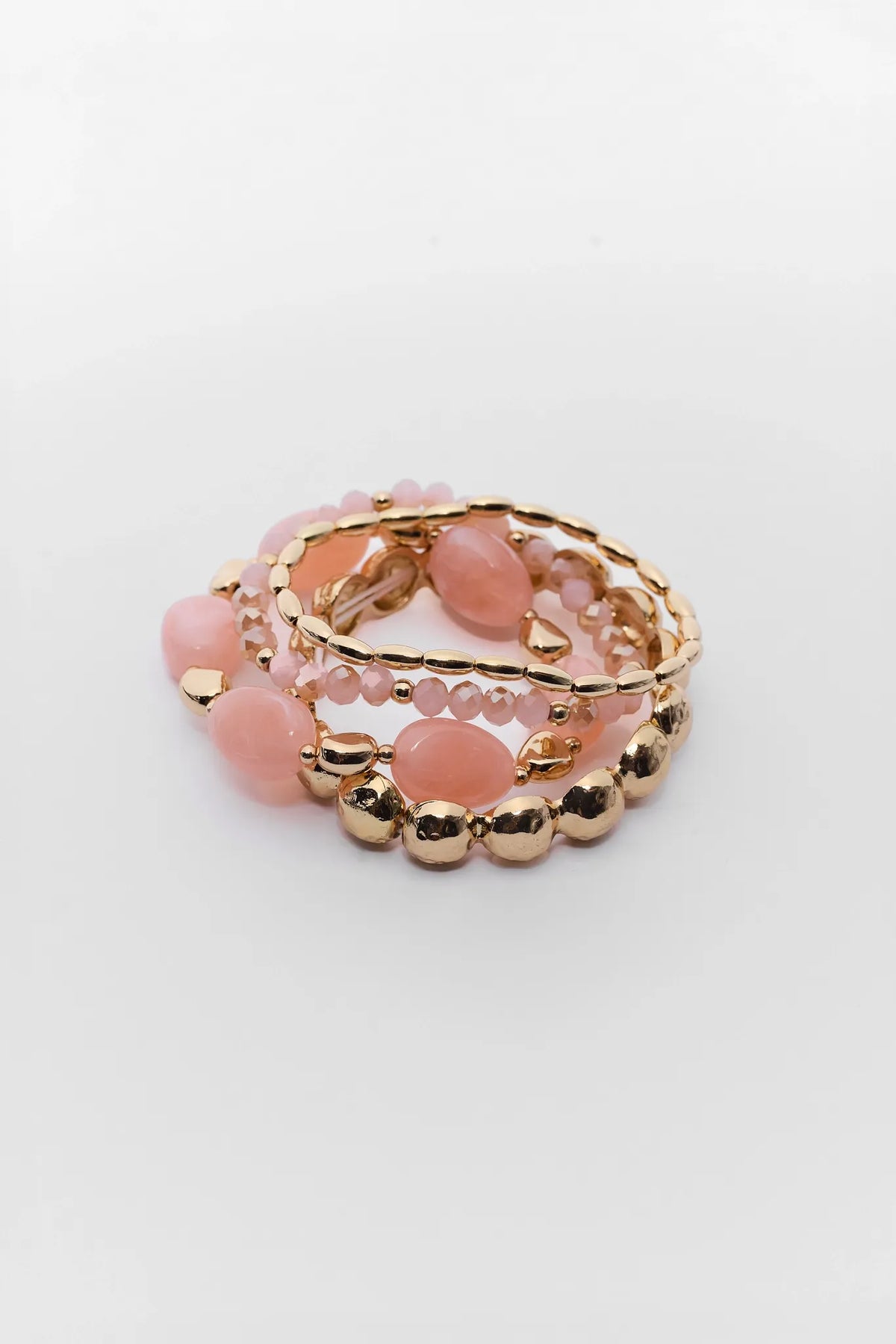 Pale Pink Beaded Stretch Bracelet Stack with Gold Accents - Flat Lay | Avara