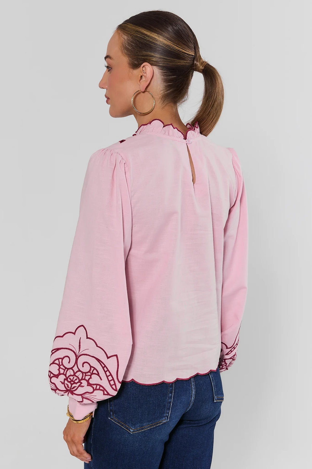 Pink Long Sleeve Eyelet Top Scallop Hem Back View - Women's Cute Top | Avara