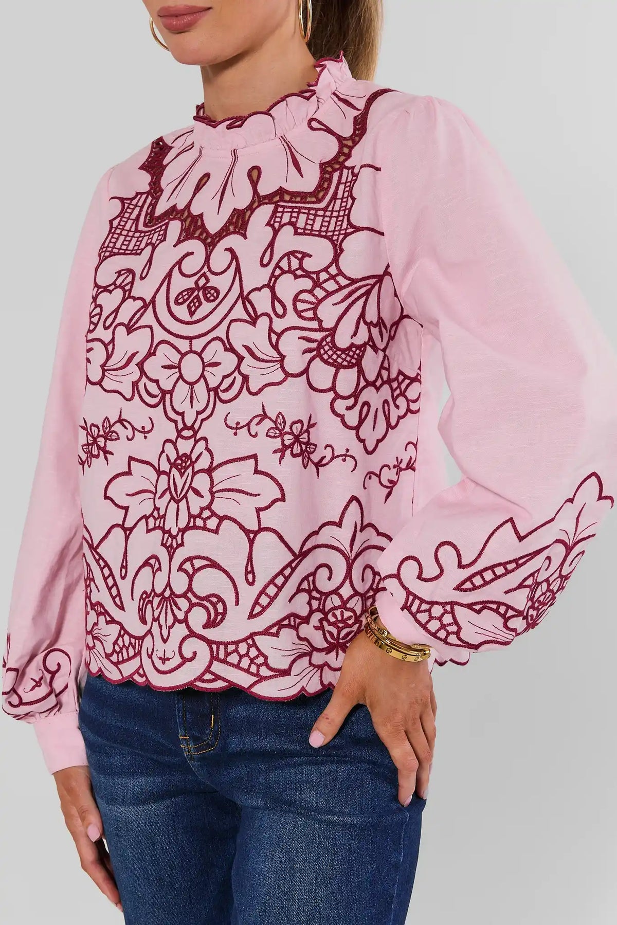 Pink Eyelet Top Burgundy Floral Embroidery Detail - Side View On Model | Avara