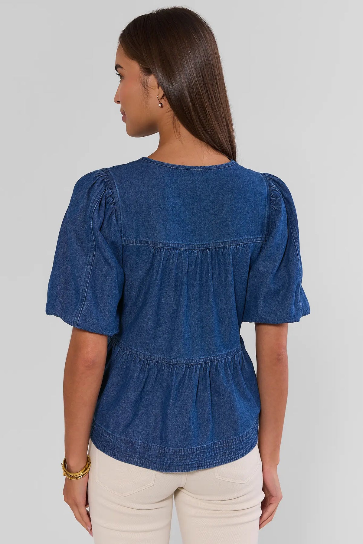 Blue Denim Peplum Top with Puff Sleeves - Back View On Model | Avara