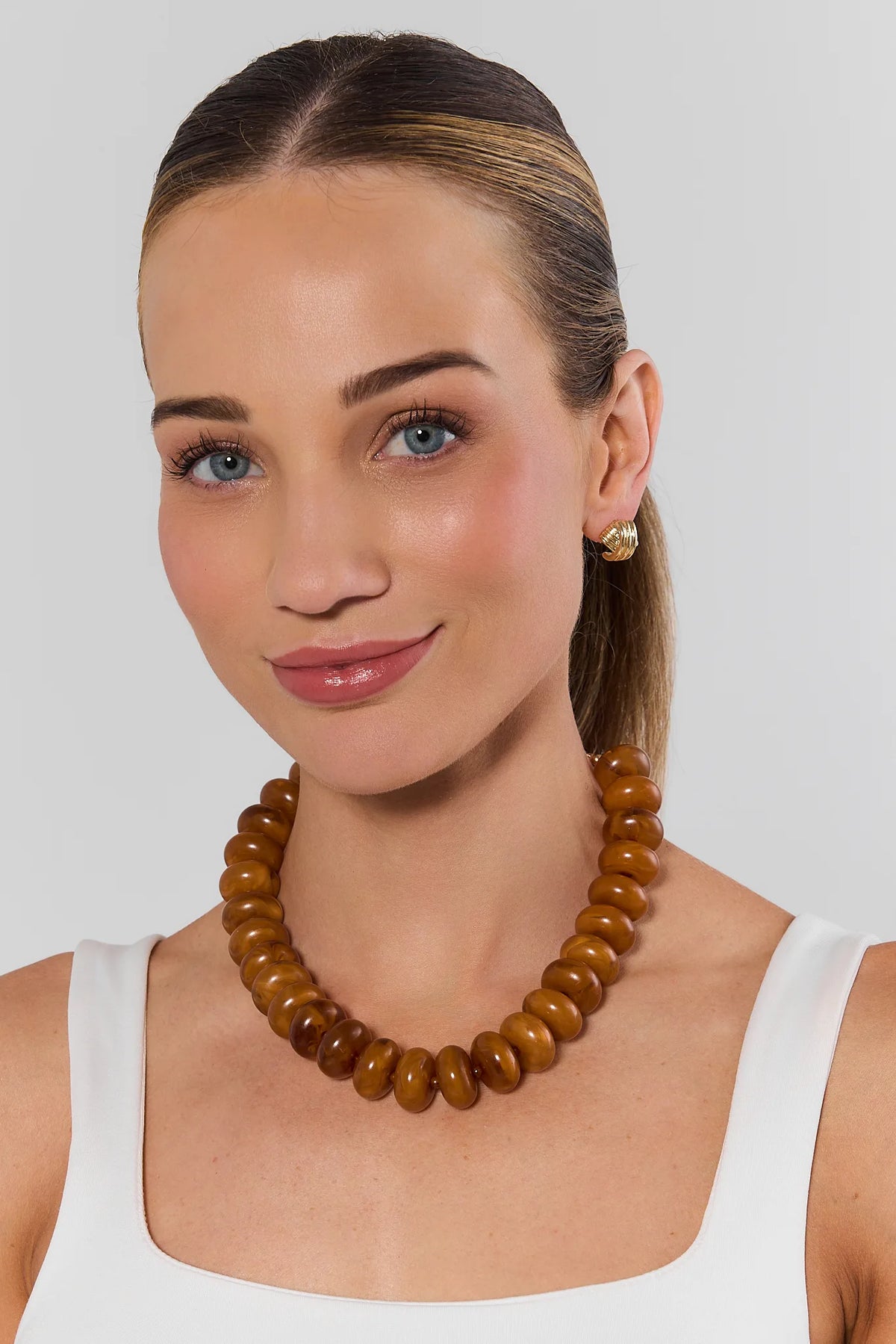 Brown Tortoise Oversized Beaded Necklace - On Model Front View | Avara