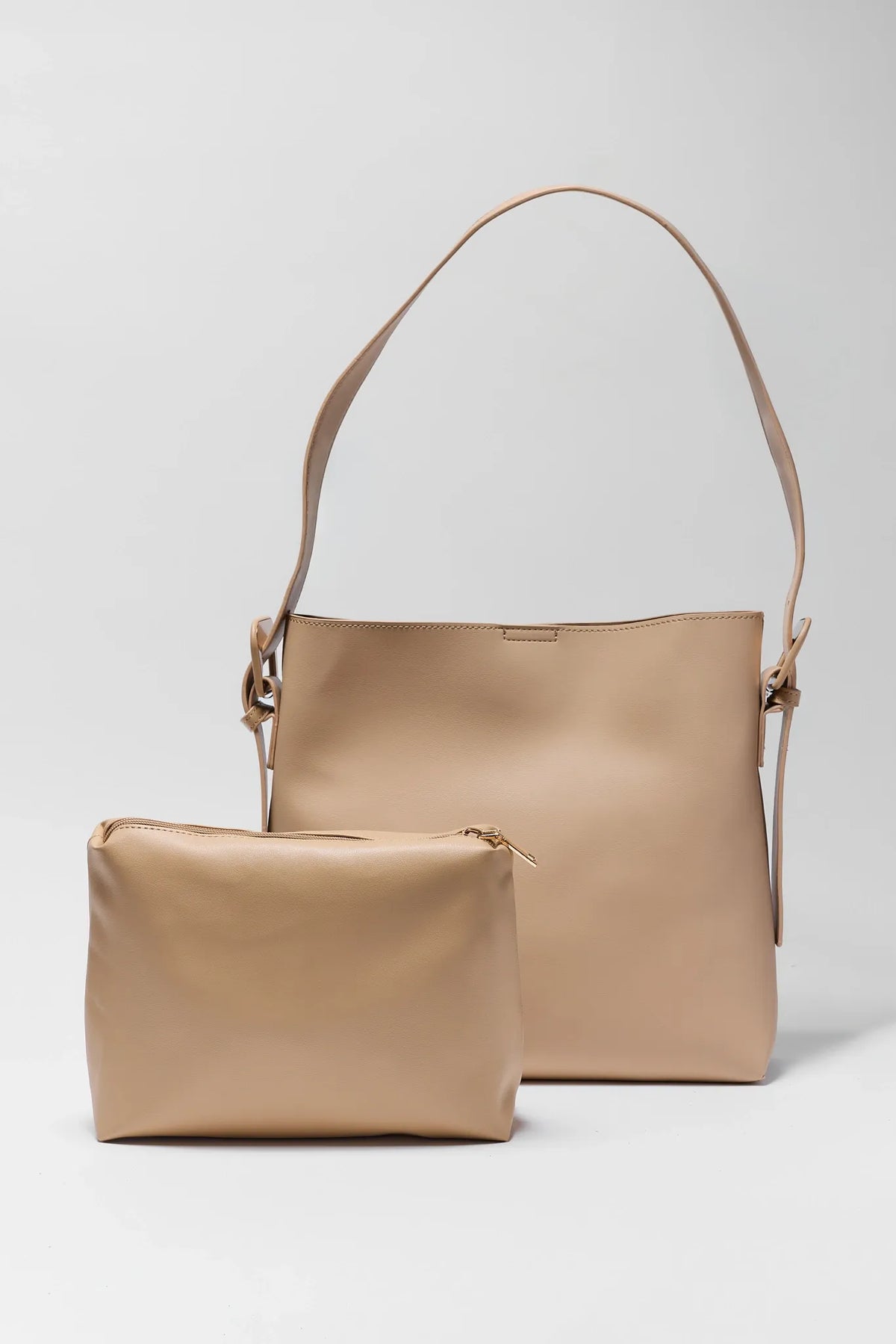 Tan Faux Leather Bucket Bag with Zipper Pouch - Front View | Avara