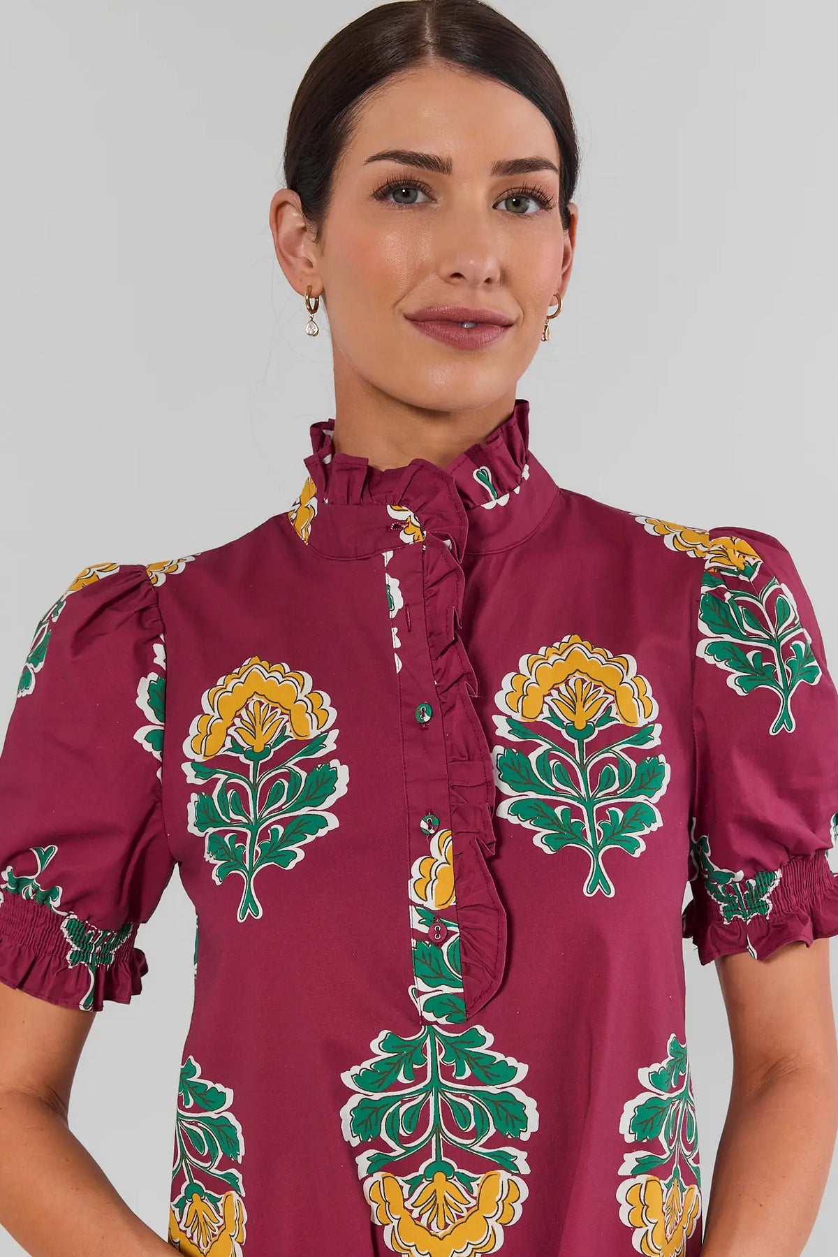 Berry Floral Print Midi Dress - Ruffle Neckline Close-Up Detail | Avara