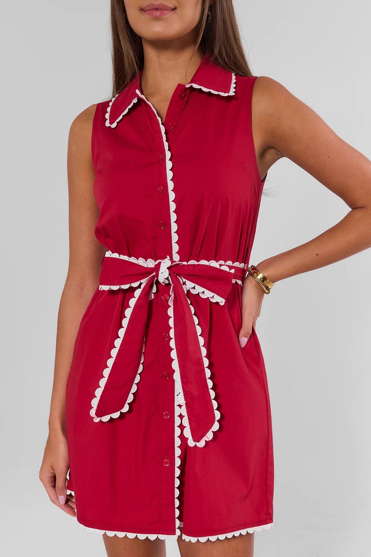 Red Scalloped Dress White Trim Belt Detail - Close Up Front | Avara