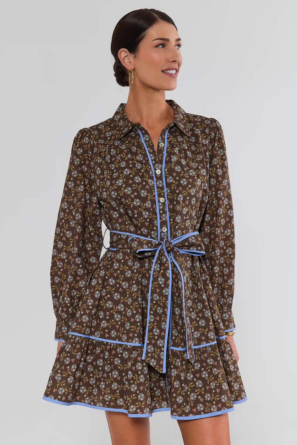 Brown Floral Printed Collared Short Dress - Front View On Model | Avara