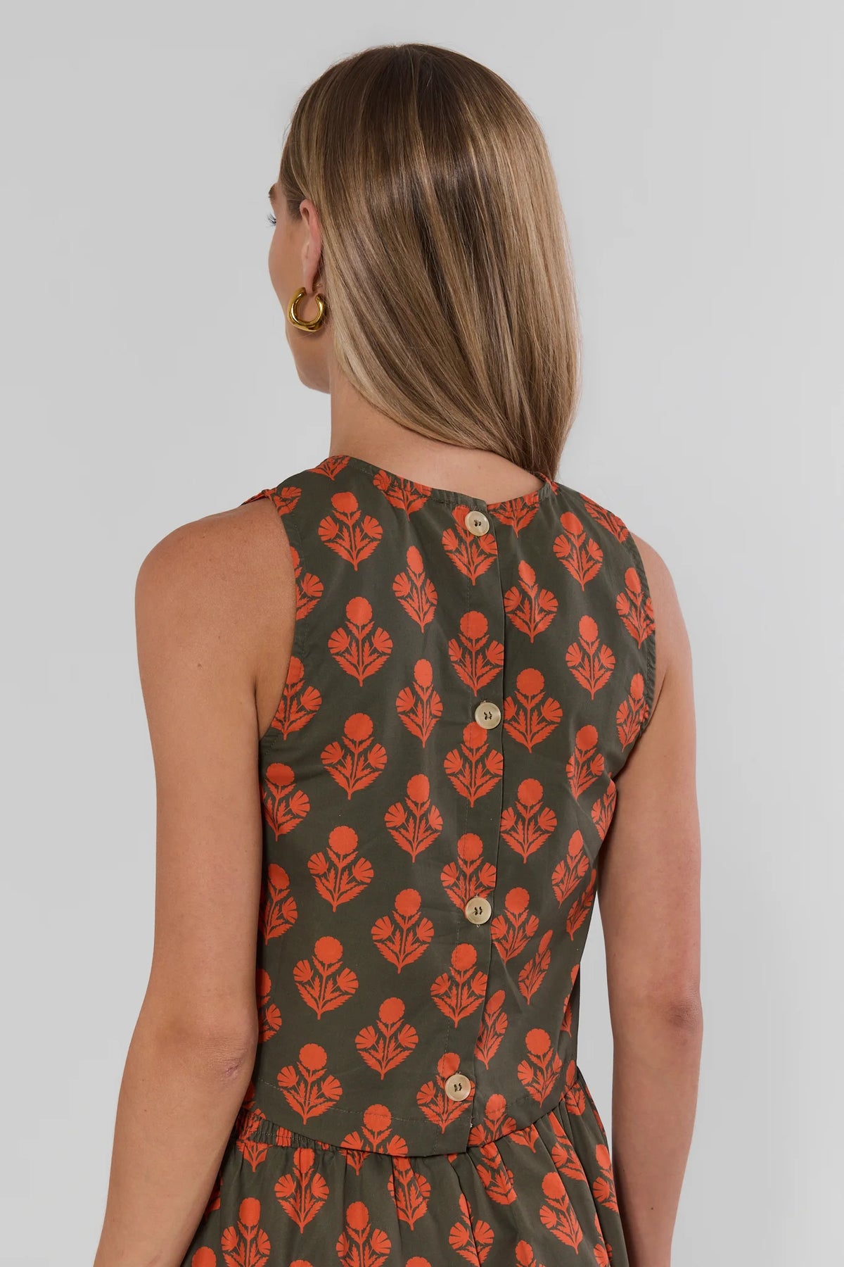 Olive Green Floral Printed Tank Top - Back View with Button Detail | Avara