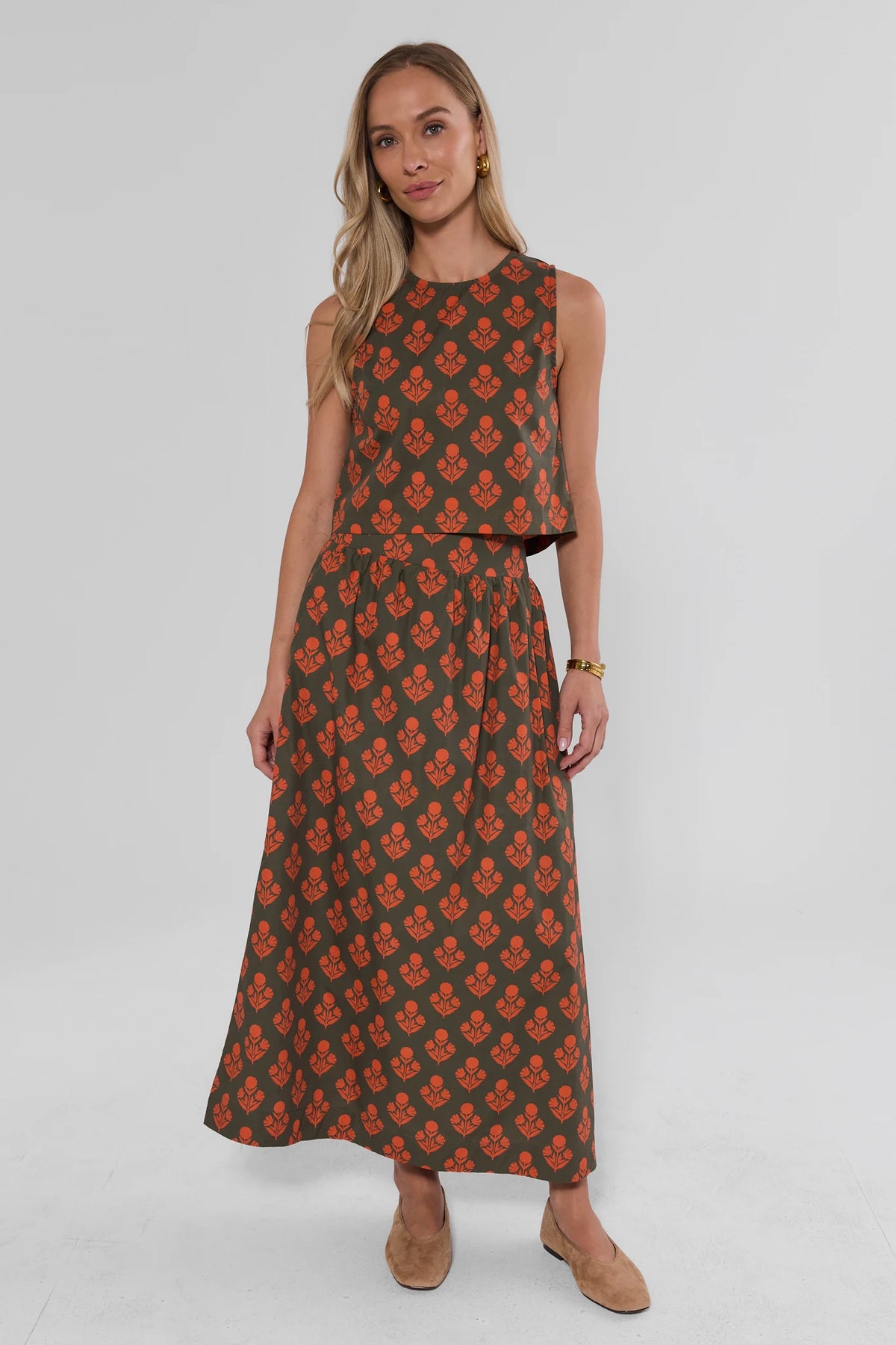 Green Floral Tank Top Styled as Matching Set with Maxi Skirt - Full Length | Avara