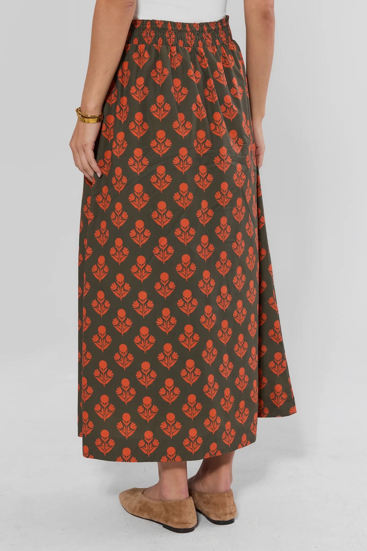 Olive Green Floral Printed Midi Skirt - Back View with Elastic Waistband | Avara