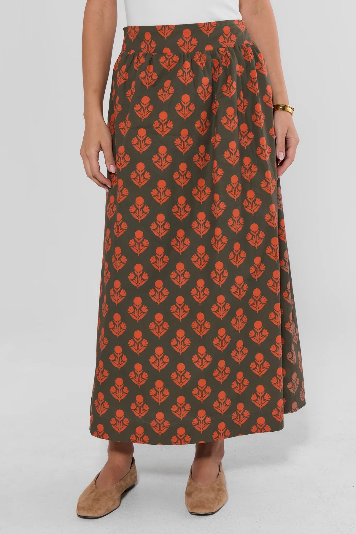 Olive Green Floral Printed Midi Skirt - Front View On Model | Avara