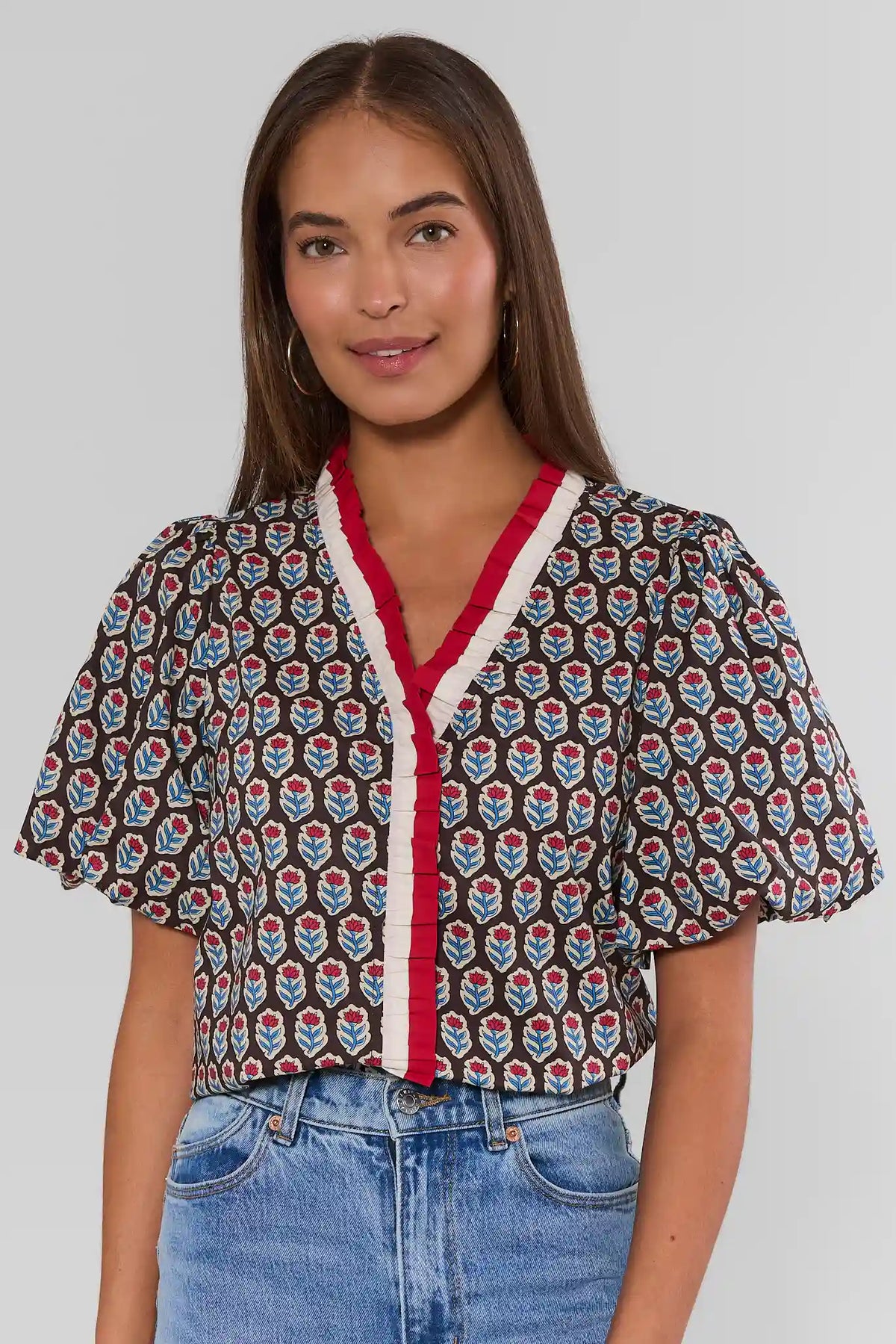 Brown Floral Print Contrast Trim Top - Front View On Model | Avara