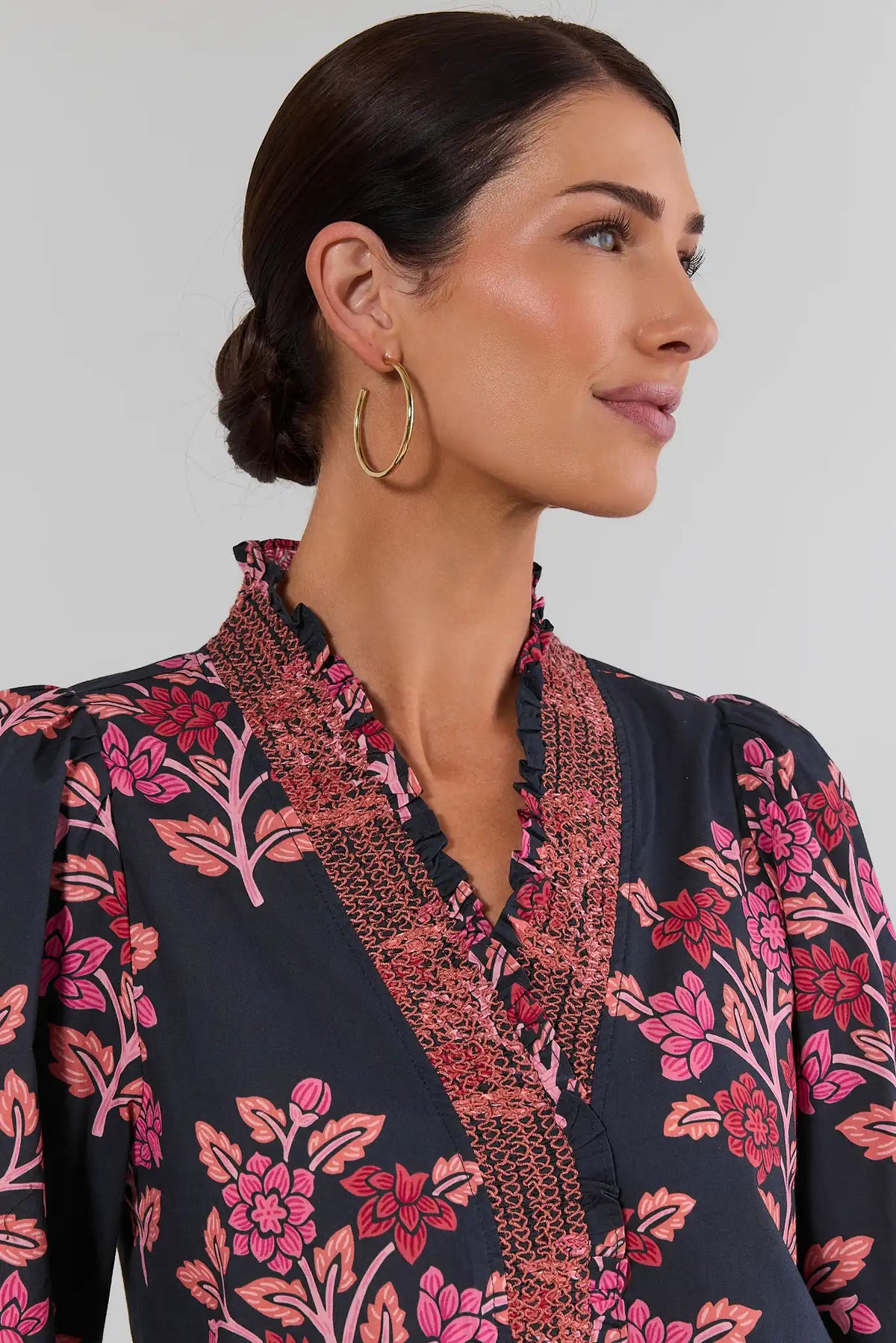 Navy Floral Printed Top - Close-Up Neckline & Smocked Cuff Detail | Avara