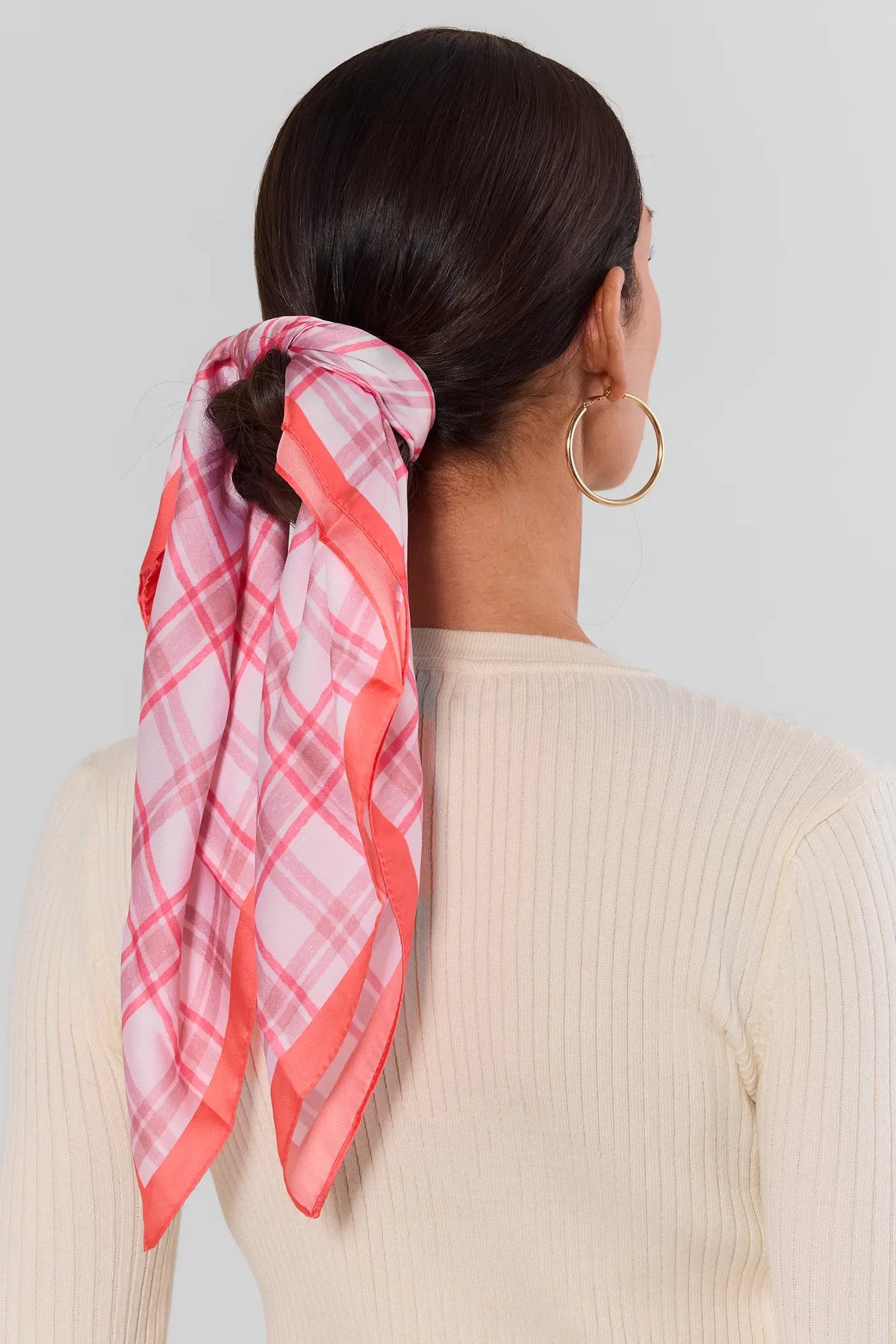 Pink Plaid Scarf Styled as Hair Tie in Ponytail - On Model Back View | Avara