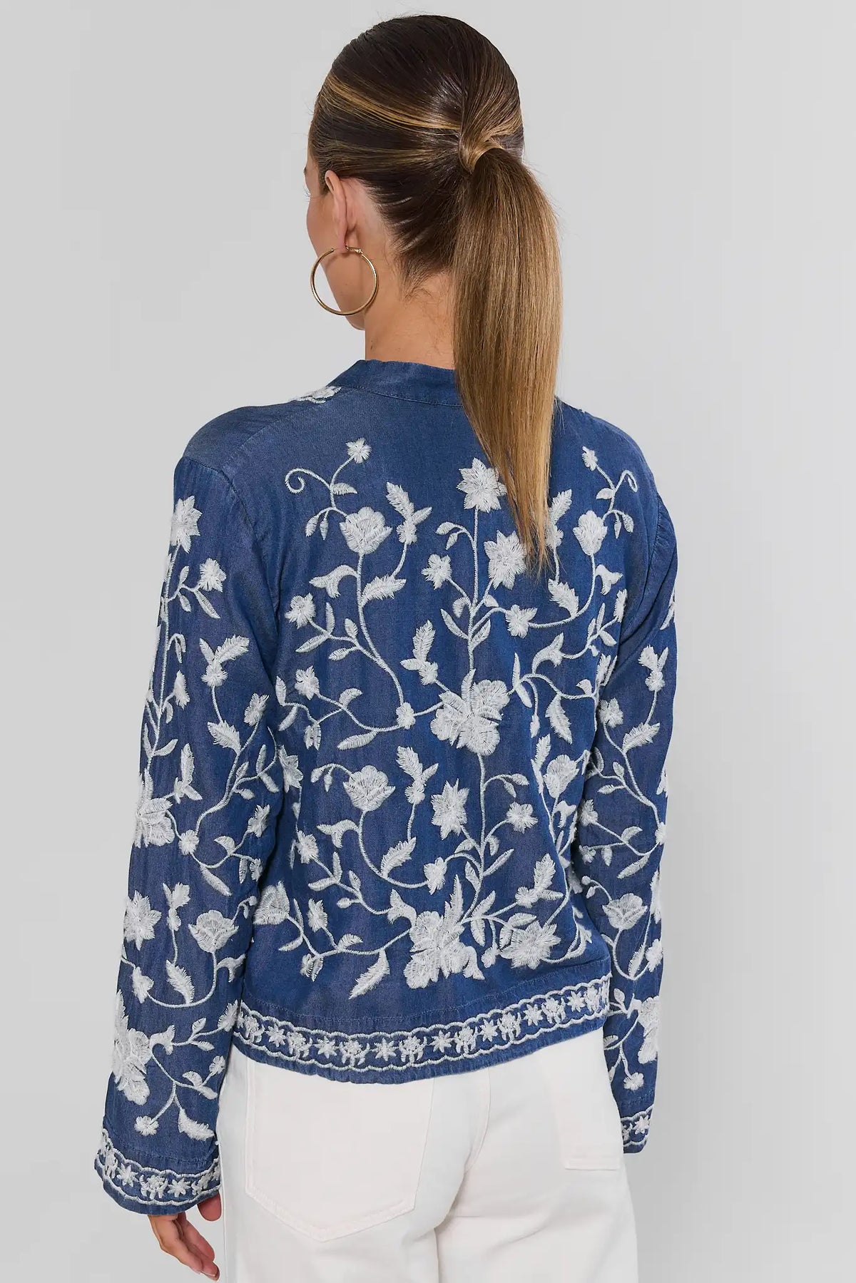 Blue Chambray Floral Embroidered Button-Up Top - Back View On Model | Avara