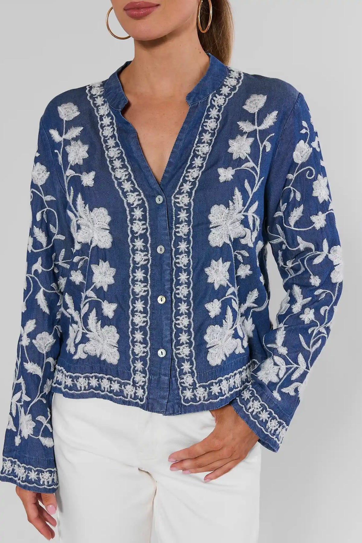 Blue Chambray Embroidered Top - White Floral Embroidery Close-Up Detail | Avara