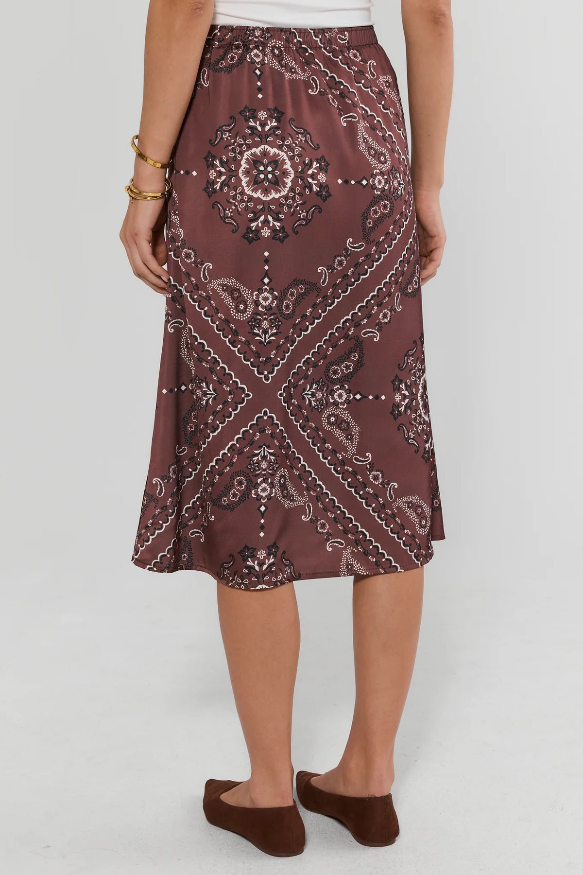 Brown bandana midi skirt with allover paisley print and elastic waistband - Back View On Model | Avara
