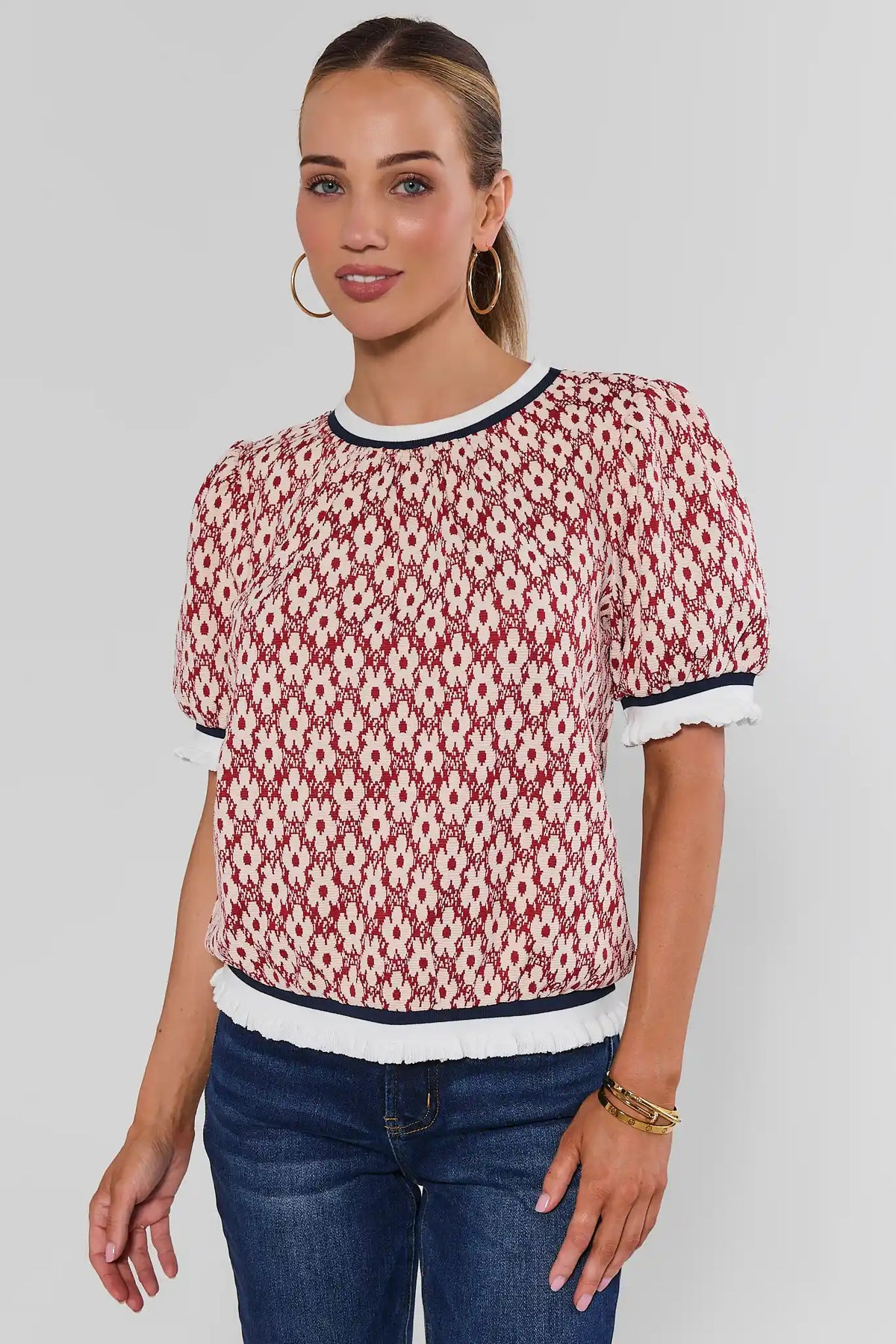 Rust Flower Printed Contrast Trim Top, Puff Sleeve - Front View On Model | Avara