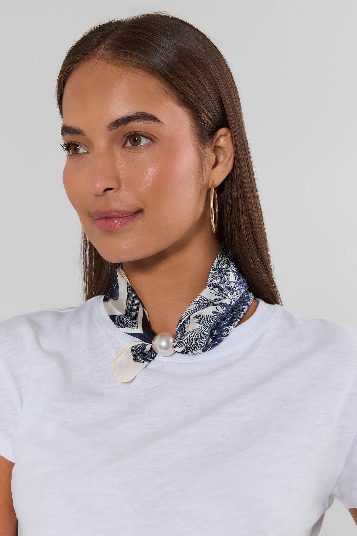 Blue Toile Print Magnetic Pearl Scarf Worn as Neck Scarf - On Model Front View | Avara