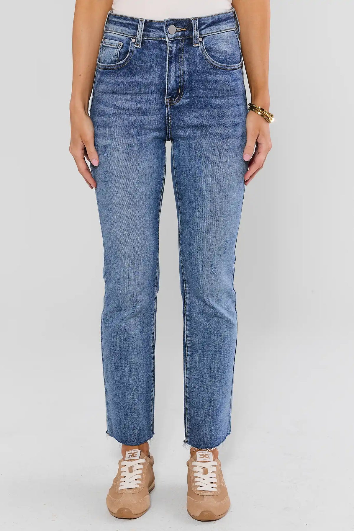 Light Wash Kick Flare Jeans Women - Front View, Mid-Rise with Raw Hem | Avara