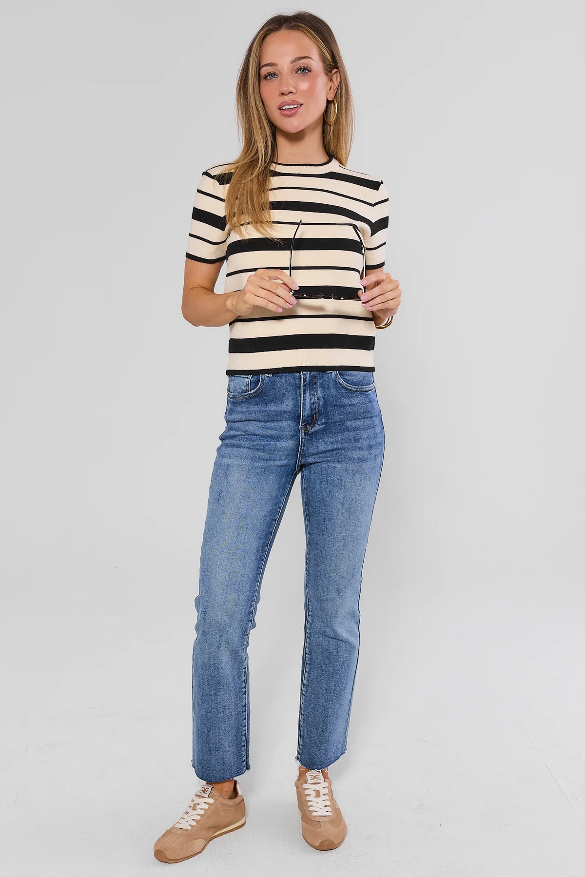 Aliyah Light Wash Kick Flare Jeans - Full Styled Look with Striped Top | Avara