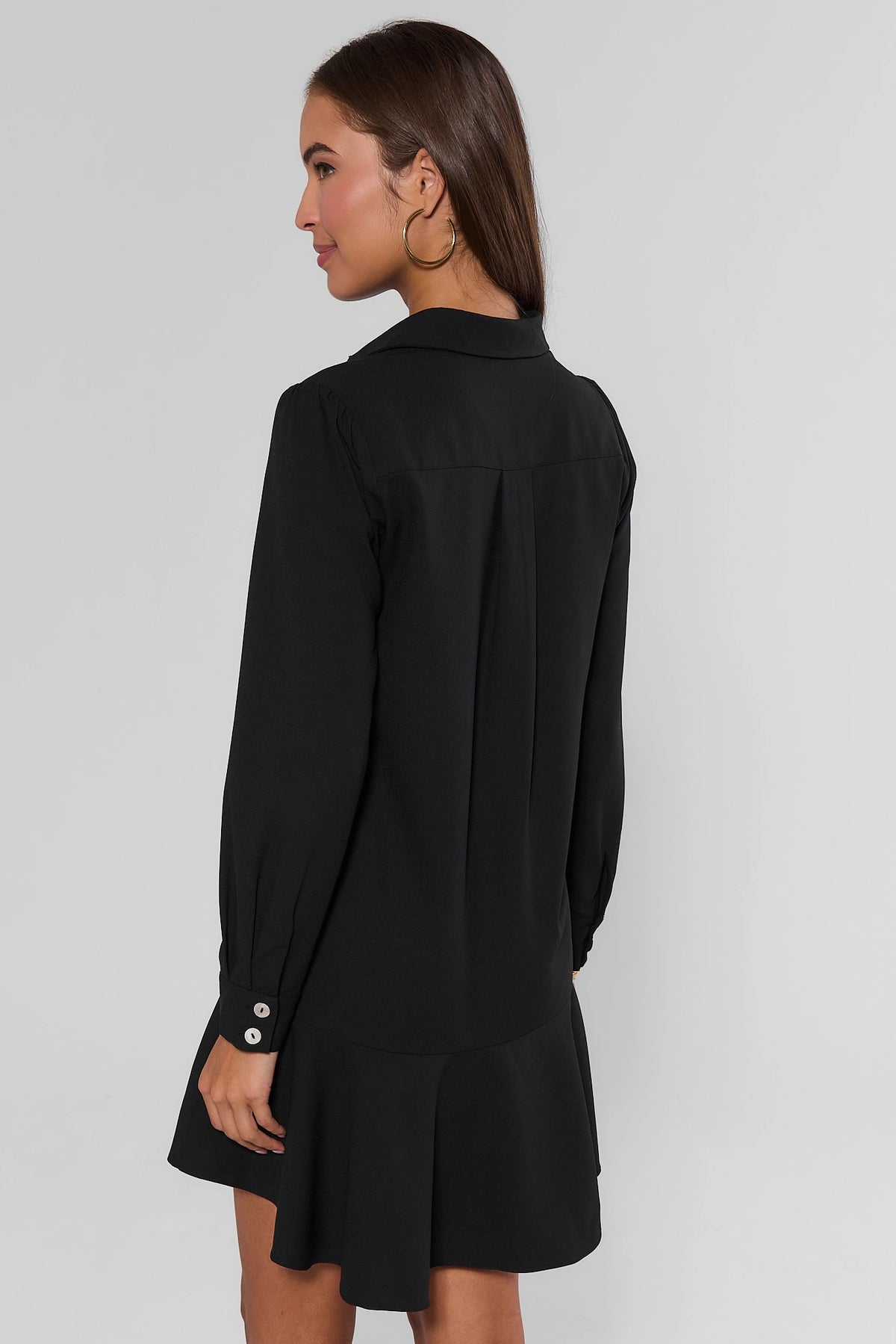 Black Long Sleeve Button-Down Dress with Ruffle Hem - Back View | Avara