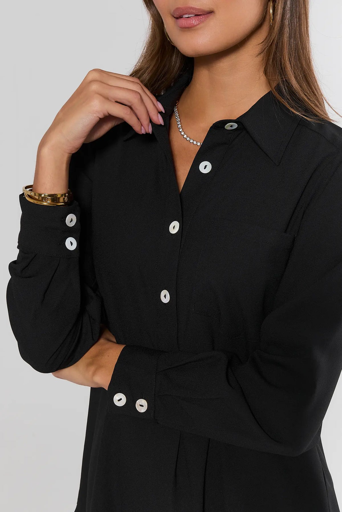 Black Button-Down Dress White Button & Cuff Detail Close-Up | Avara