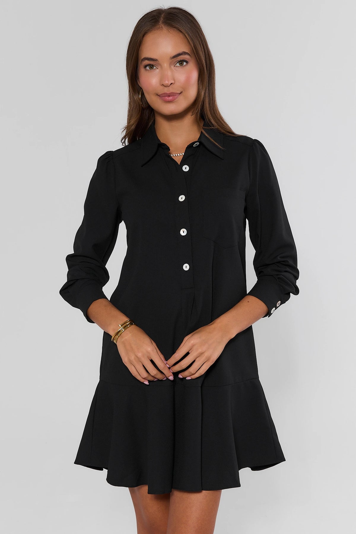 Black Drop Waist Button-Down Dress with Ruffle Hem - Front View | Avara