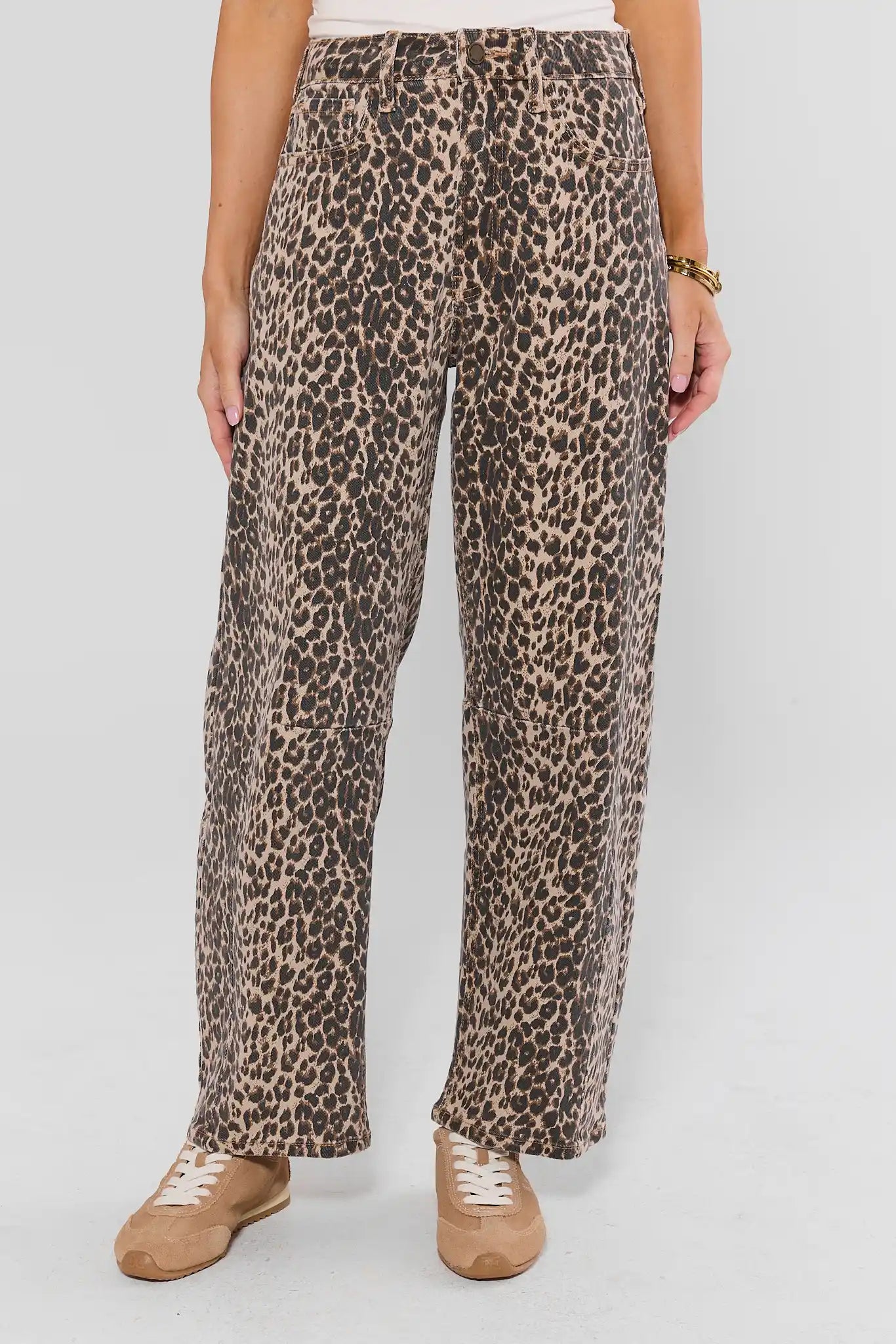 Leopard Print Barrel Jeans - Front View On Model with Sneakers | Avara