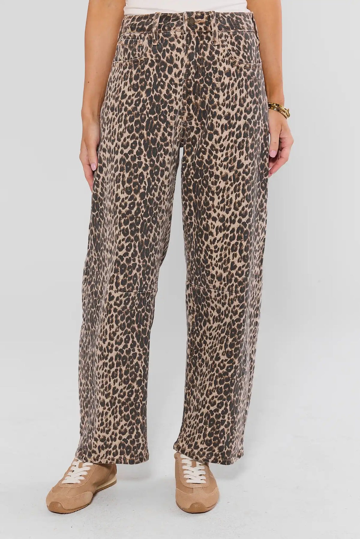 Leopard Print Barrel Jeans - Front View On Model with Sneakers | Avara
