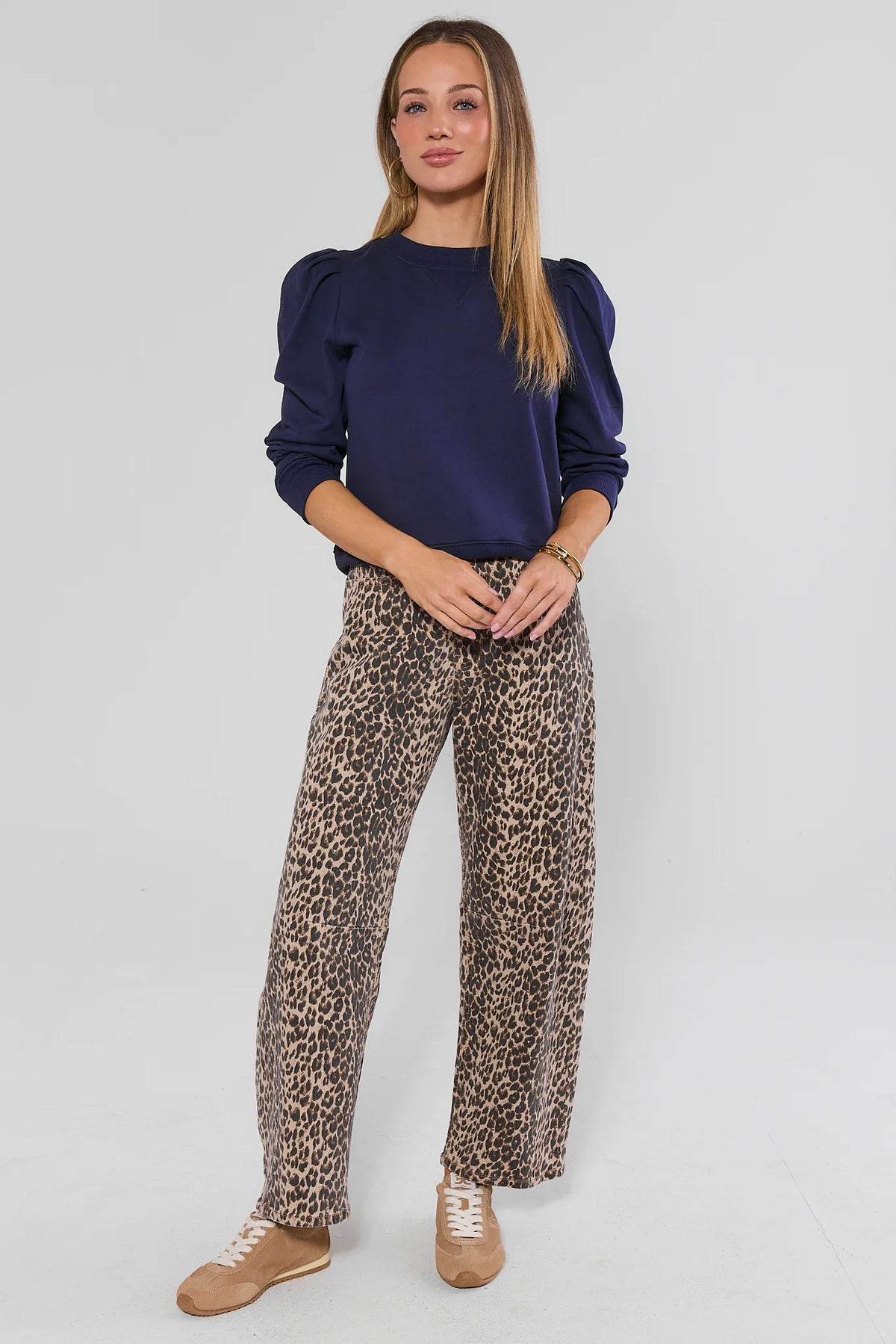 Harper Leopard Print Barrel Jeans styled with Navy Puff Sleeve Sweatshirt - Full Length On Model | Avara