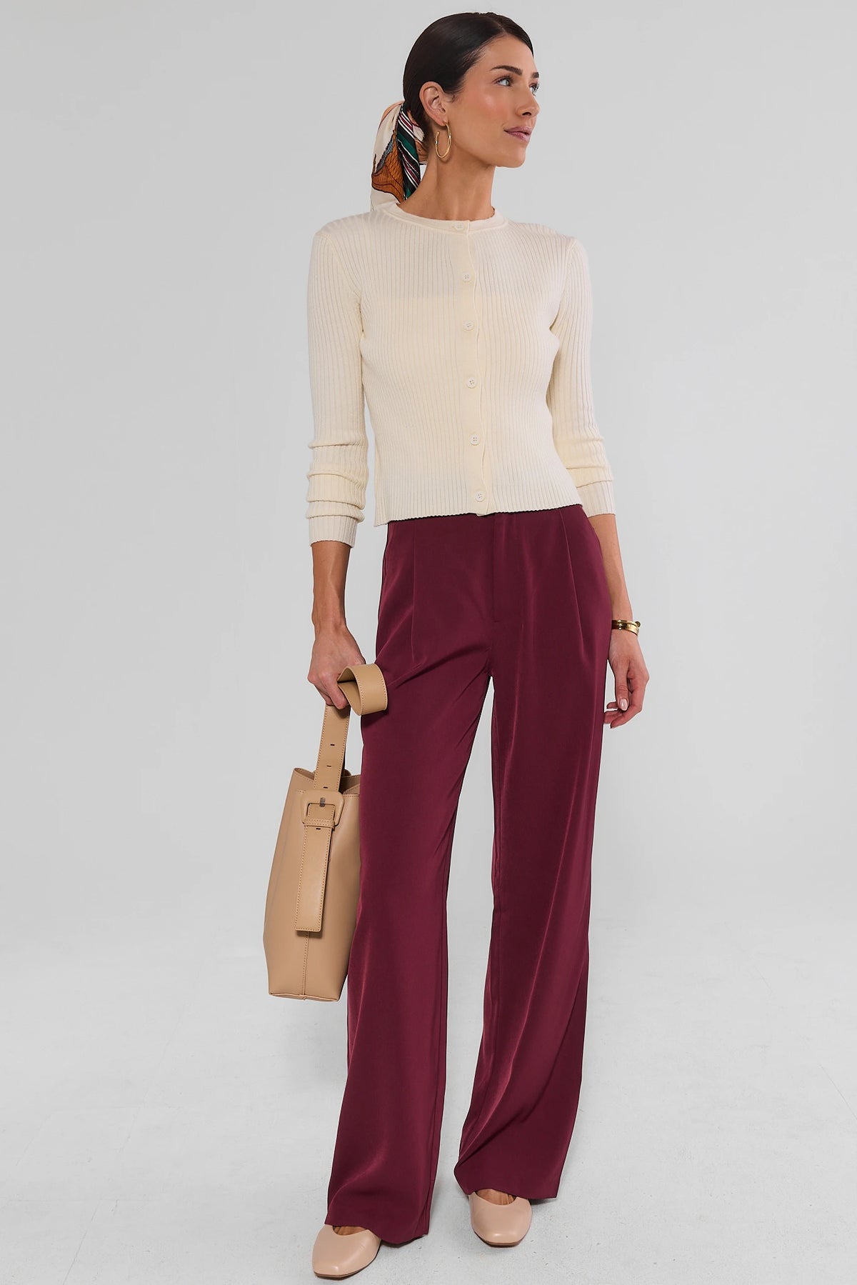 Burgundy Wide Leg Pants Styled with Cream Cardigan - Full Length Look | Avara