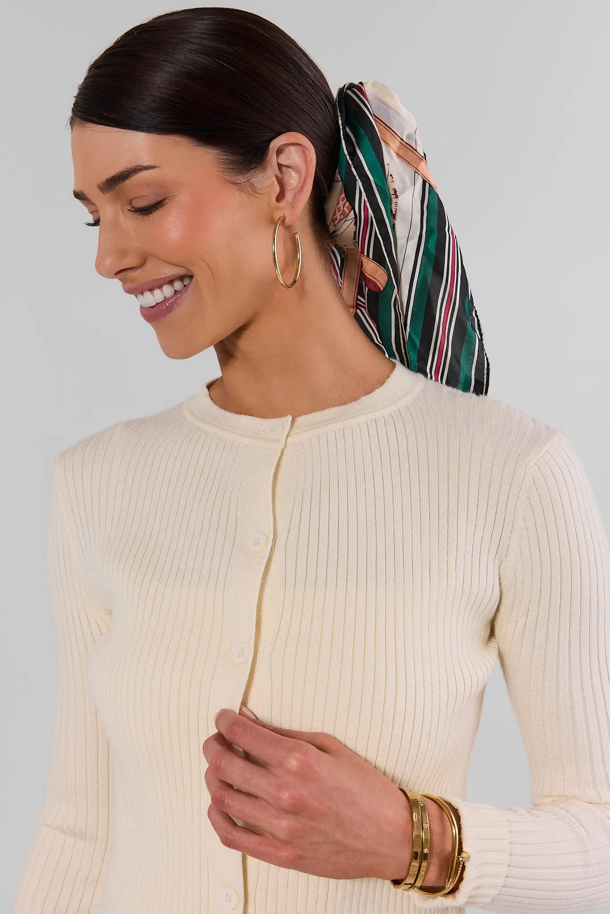 Cream Ribbed Knit Cardigan - Close-Up Detail, Button-Front Texture and Ribbed Fabric | Avara