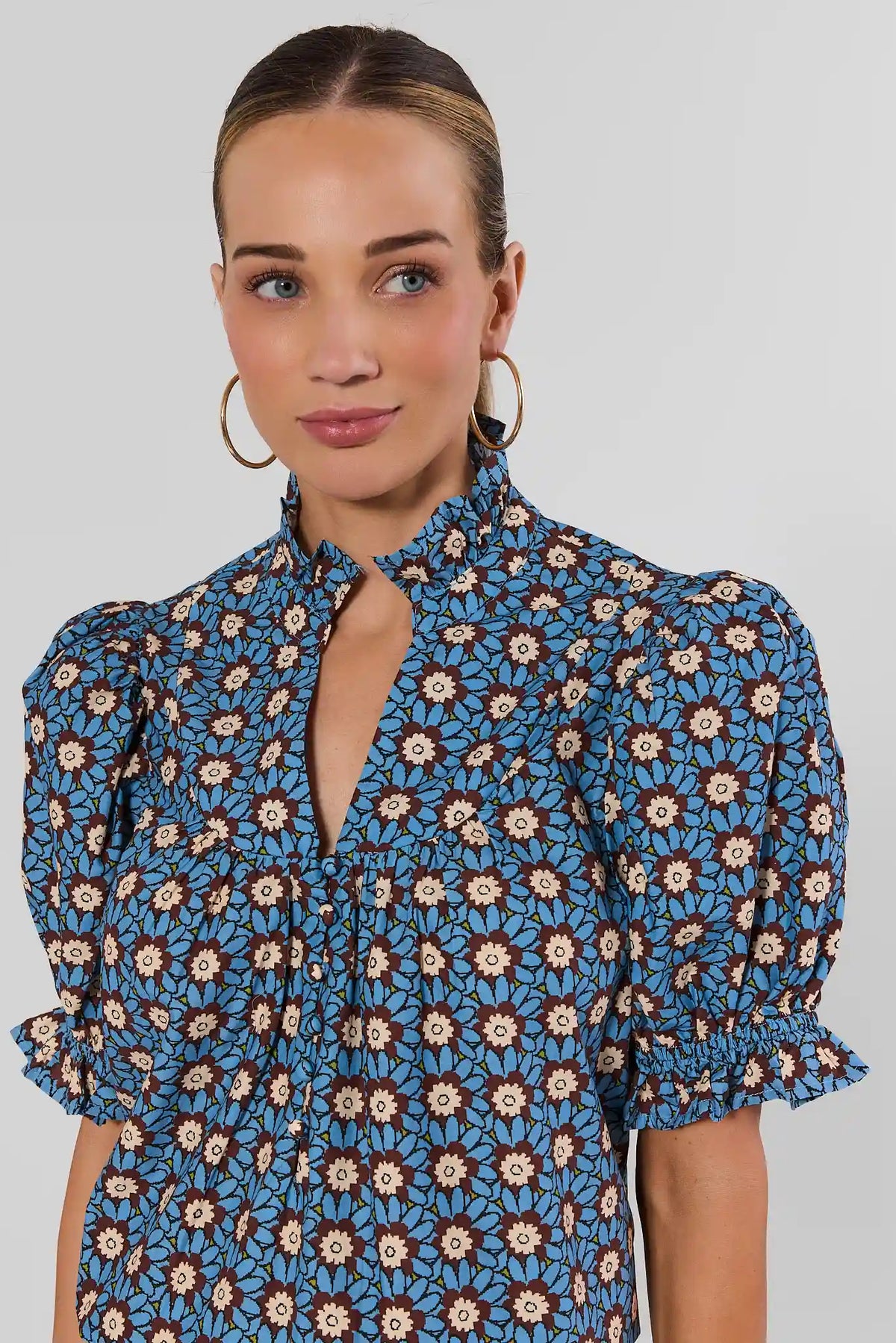 Blue Floral Print Marta Top - Close-Up Detail of Ruffle Neckline, Keyhole & Smocked Cuffs | Avara