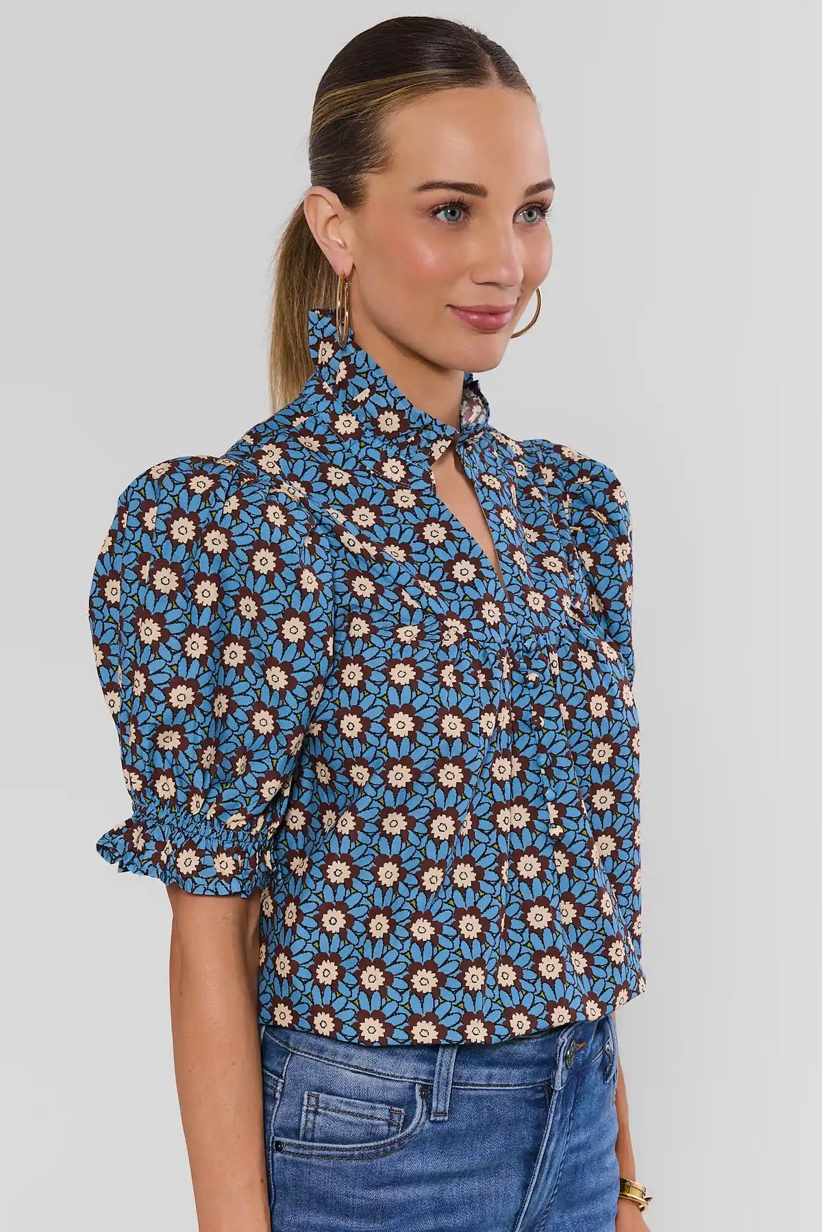 Blue Floral Print Marta Top - Side Profile On Model Styled with Dark Wash Denim Jeans | Avara