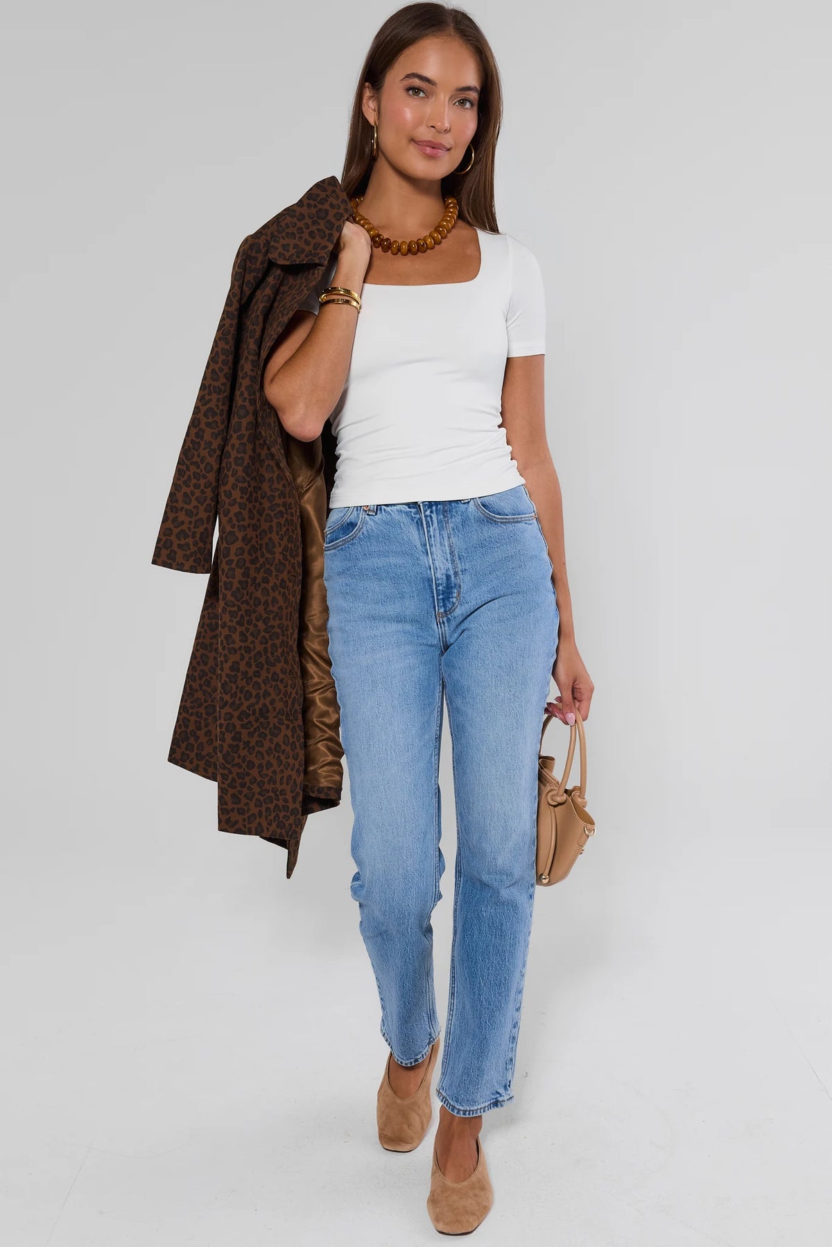 White Square Neck Top - Full Styled Look with Jeans and Leopard Coat | Avara