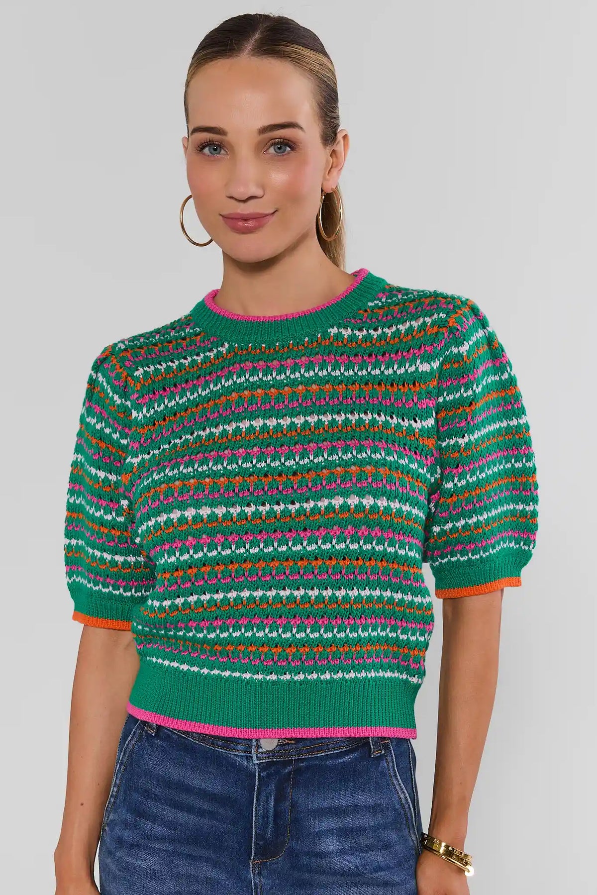 Green Multicolor Striped Knit Top - Front View On Model | Avara