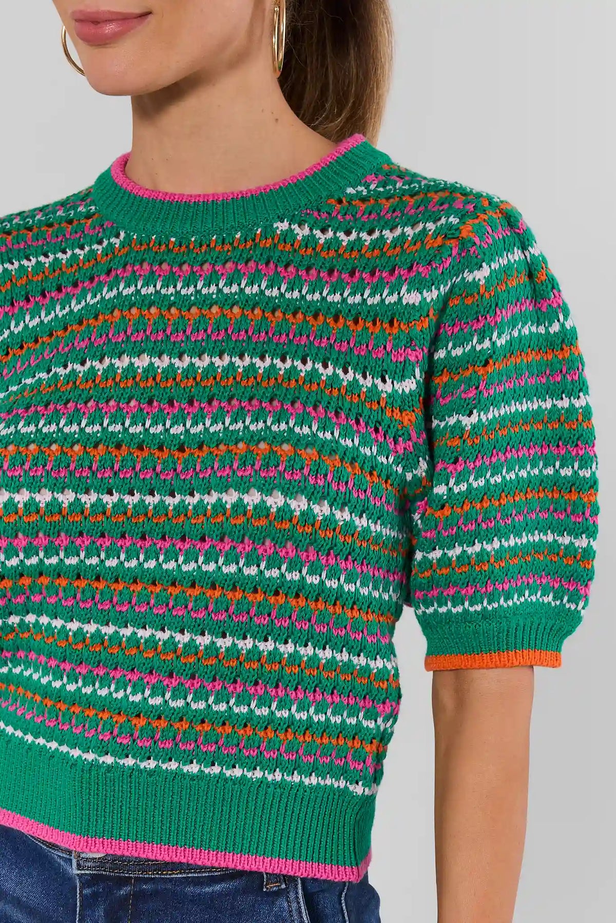 Green Striped Knit Top - Close-Up Fabric & Neckline Detail | Avara