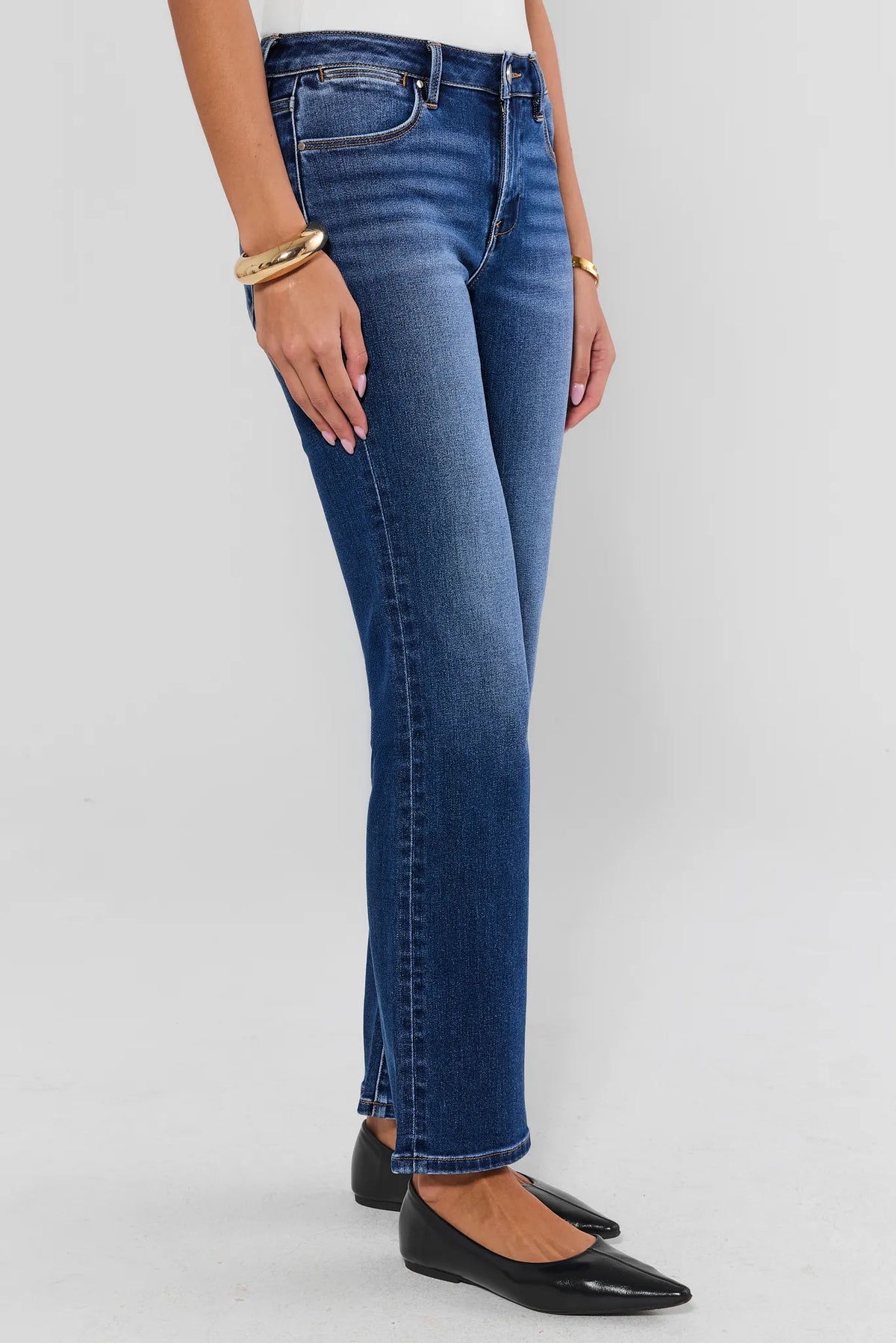 Medium Wash Kick Flare Jeans - Side Profile View, Full Length | Avara