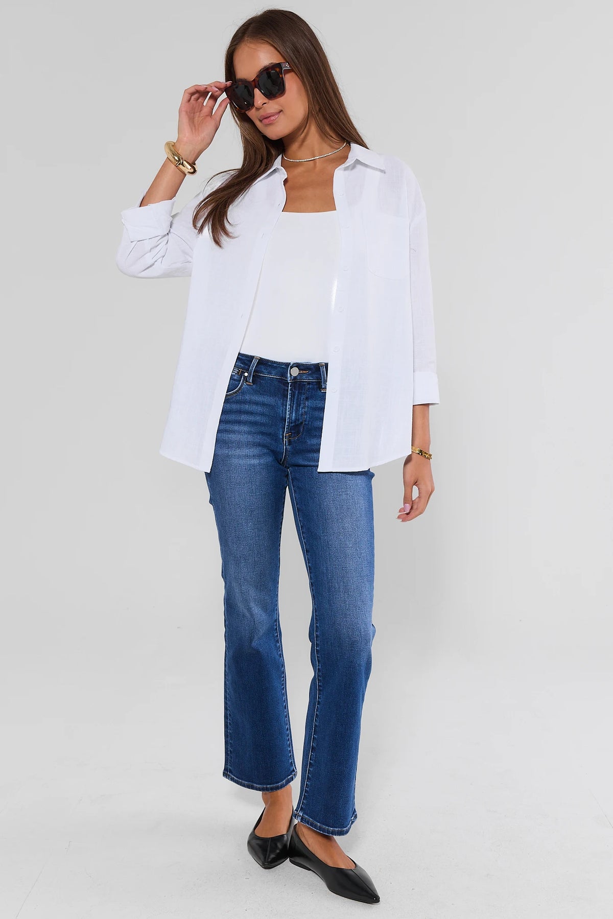 Medium Wash Kick Flare Jeans - Styled Full Length Look with White Shirt | Avara