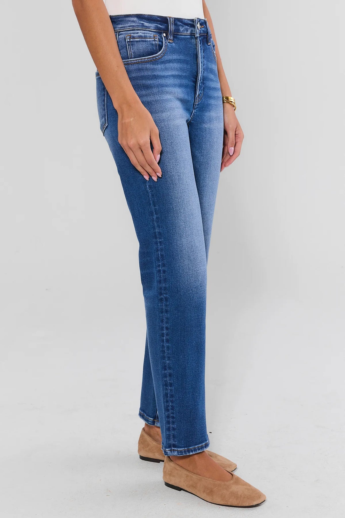 Leah Medium Wash High-Rise Straight Leg Jeans - Side View On Model | Avara