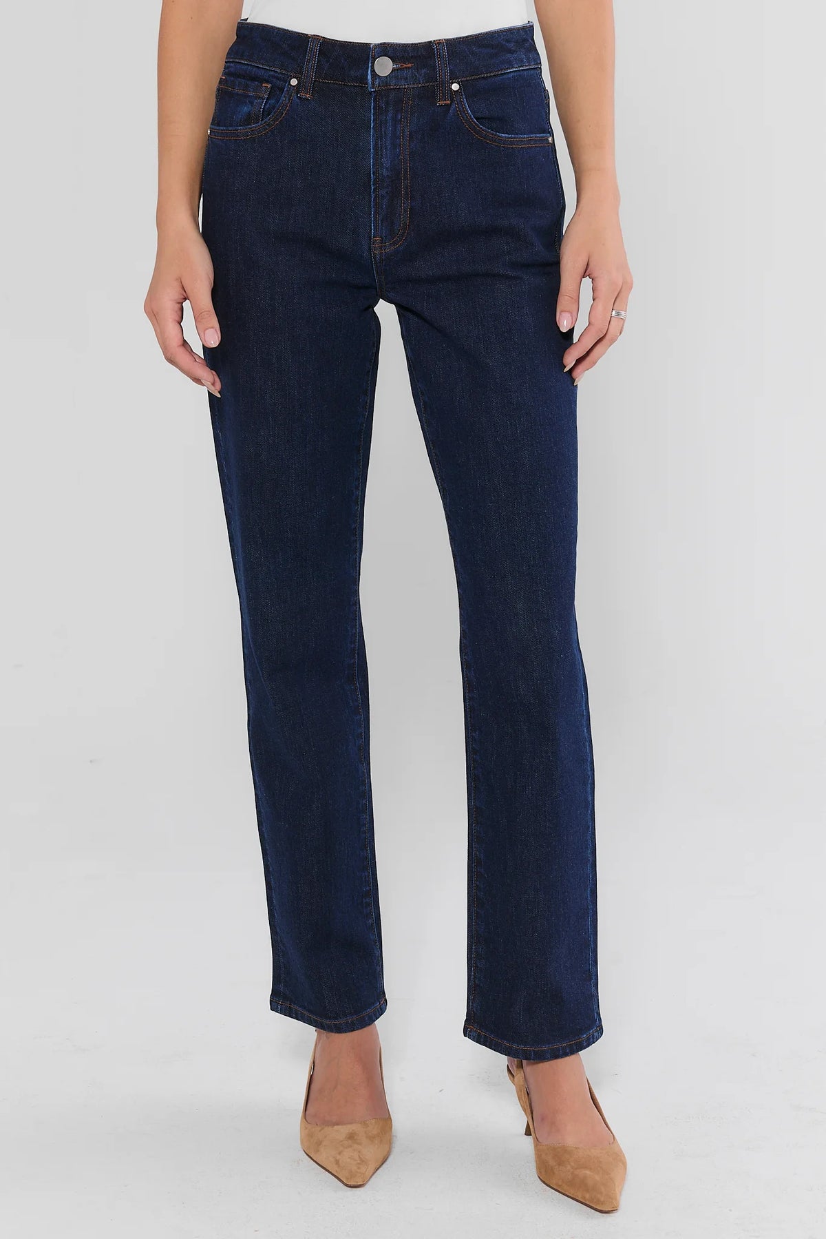 Molly Dark Wash Straight Leg Jeans - Front View On Model with Kitten Heels | Avara