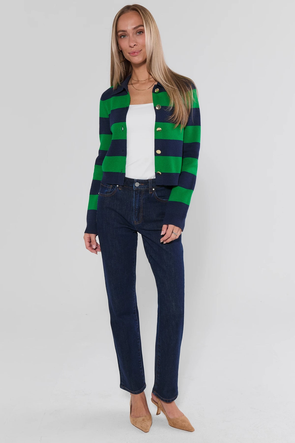 Molly Dark Wash Straight Leg Jeans - Full Length Styled Look with Striped Knit Cardigan On Model | Avara