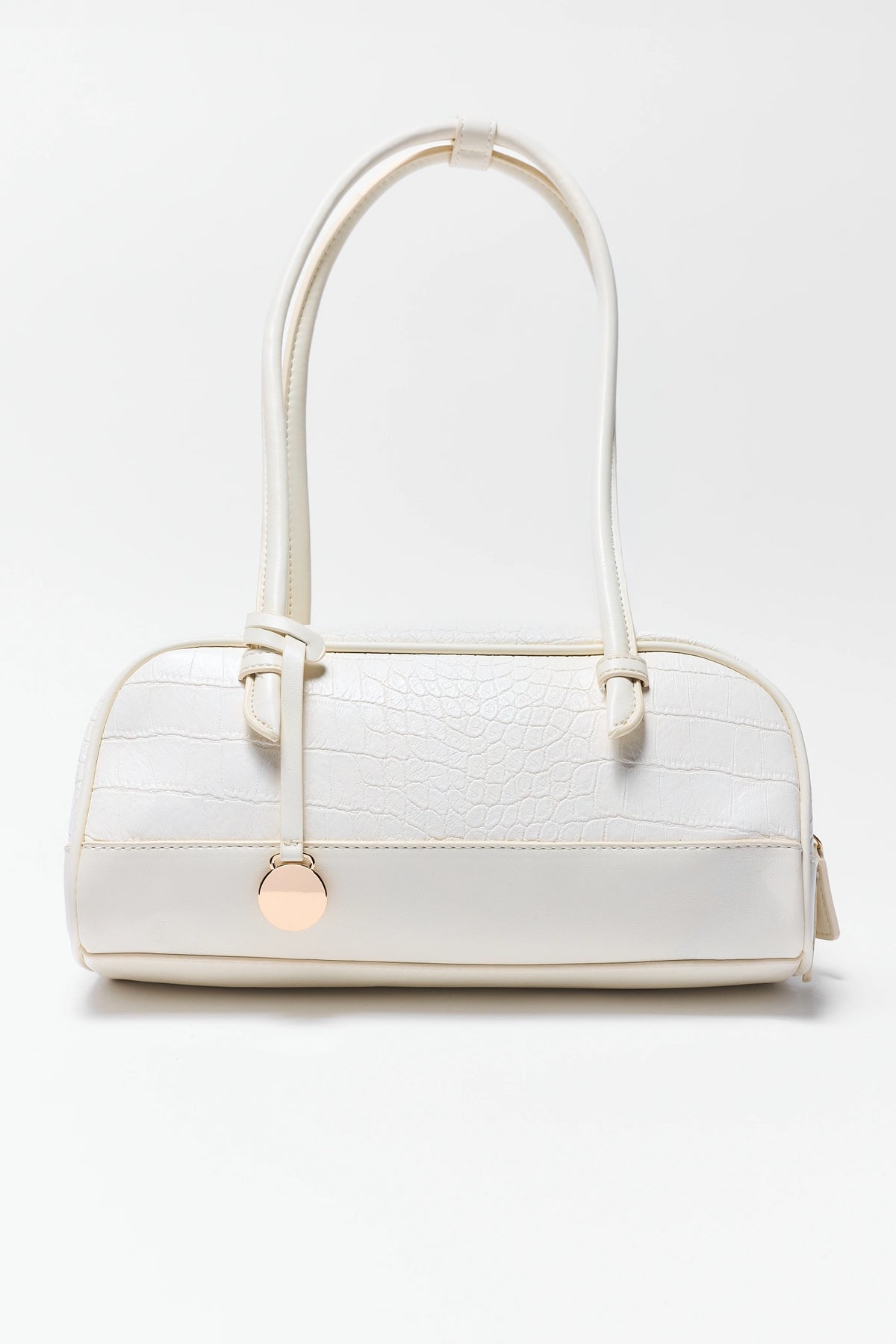 Ivory Croc-Textured Faux Leather Bag - Front View with Gold Hardware | Avara