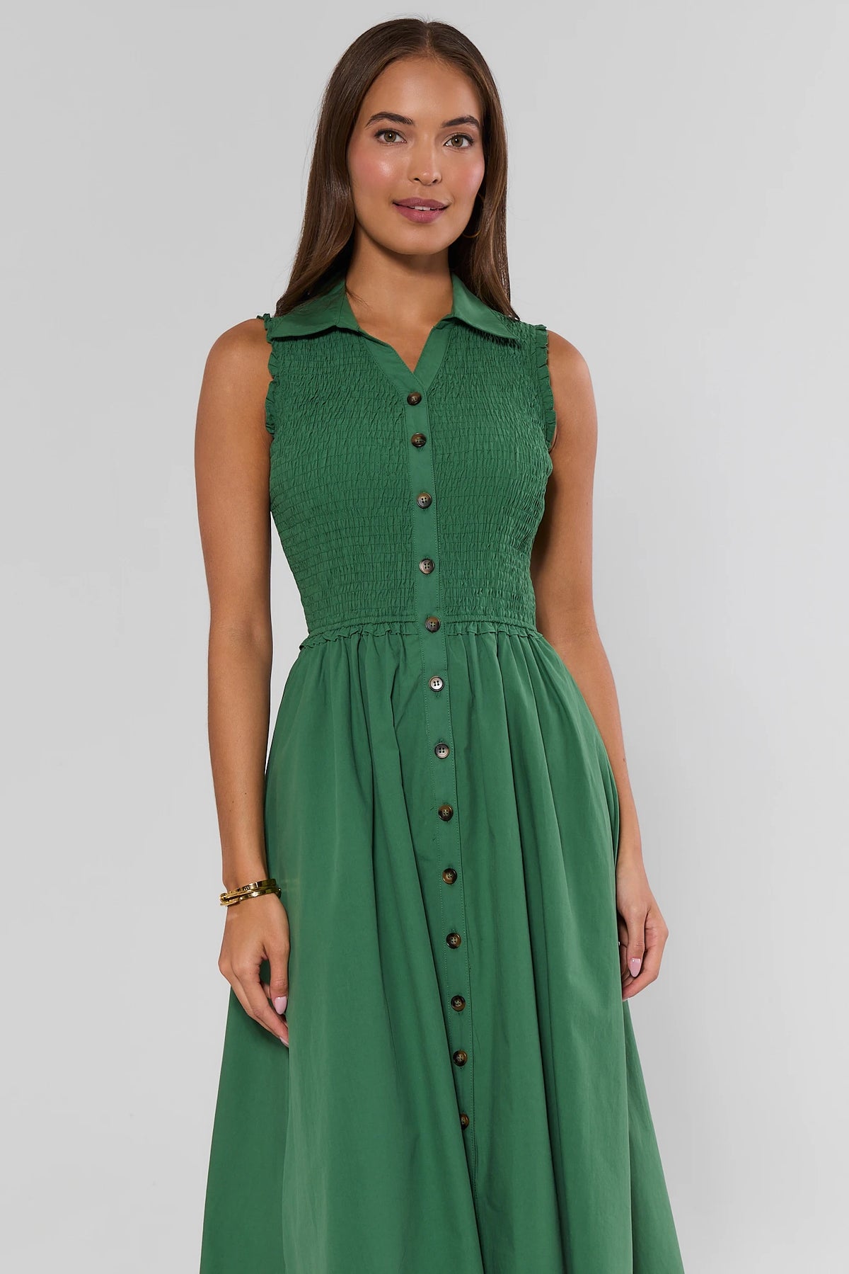 Green Smocked Bodice Midi Dress - Front Close-Up, Button Detail | Avara
