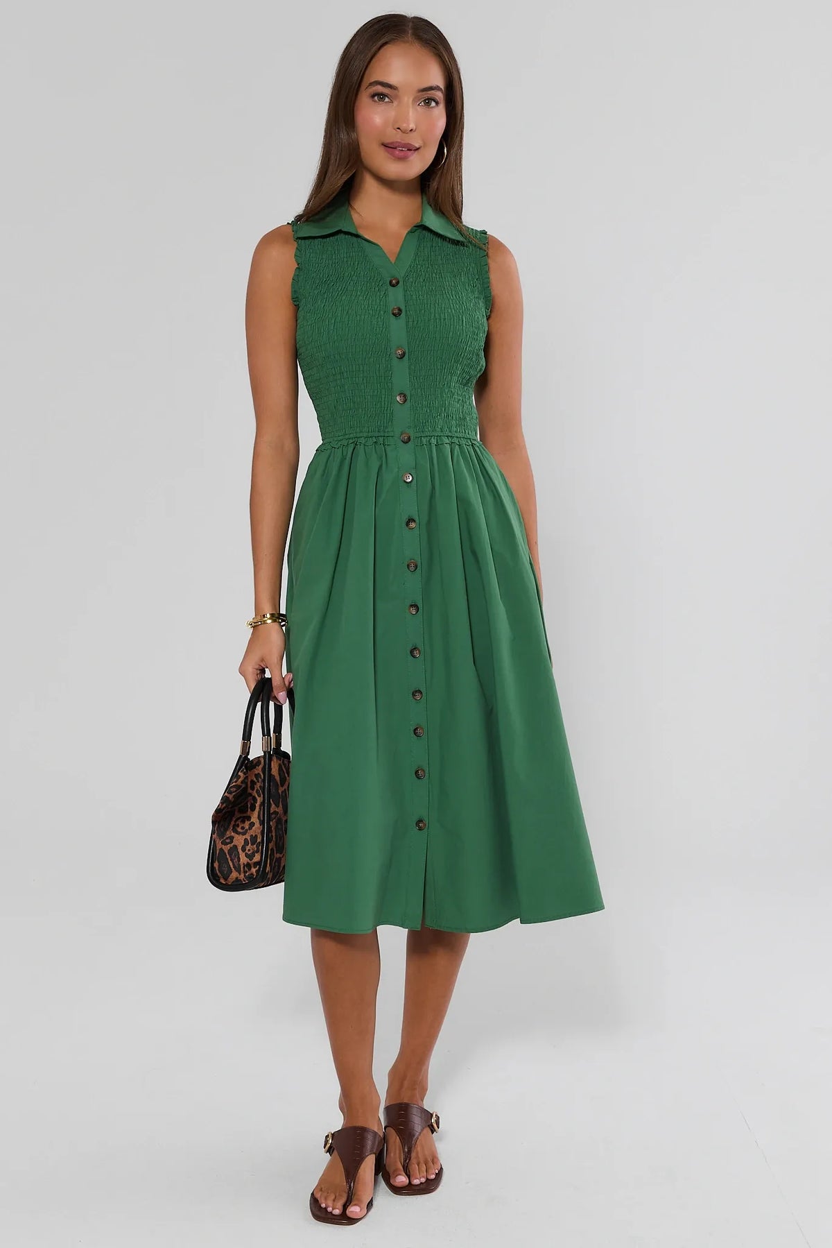 Green Smocked Midi Dress - Full Front View, Styled with Sandals | Avara