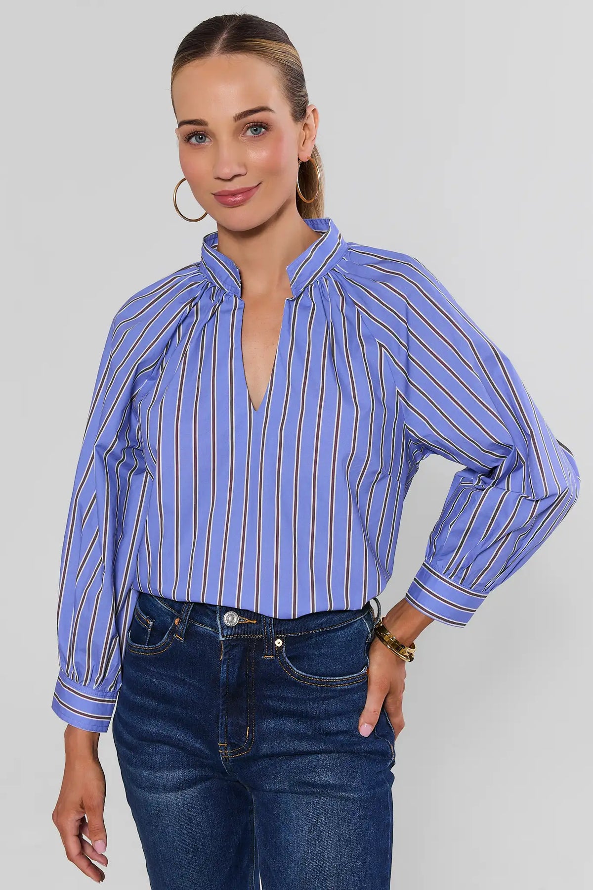 Blue Striped Split Neck Top On Model Front View - Cute Top for Women | Avara