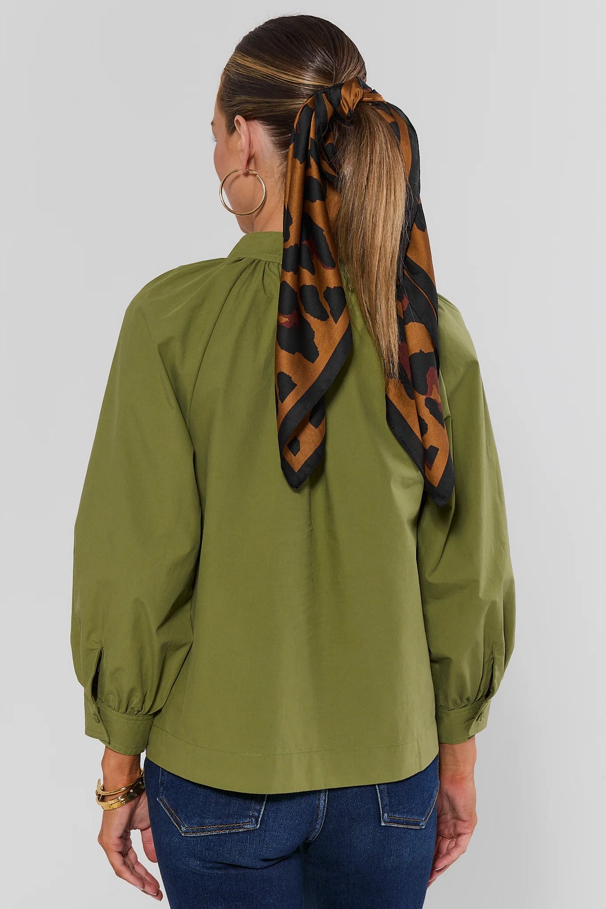 Olive Green Split Neck Top - Back View with Puff Sleeves | Avara