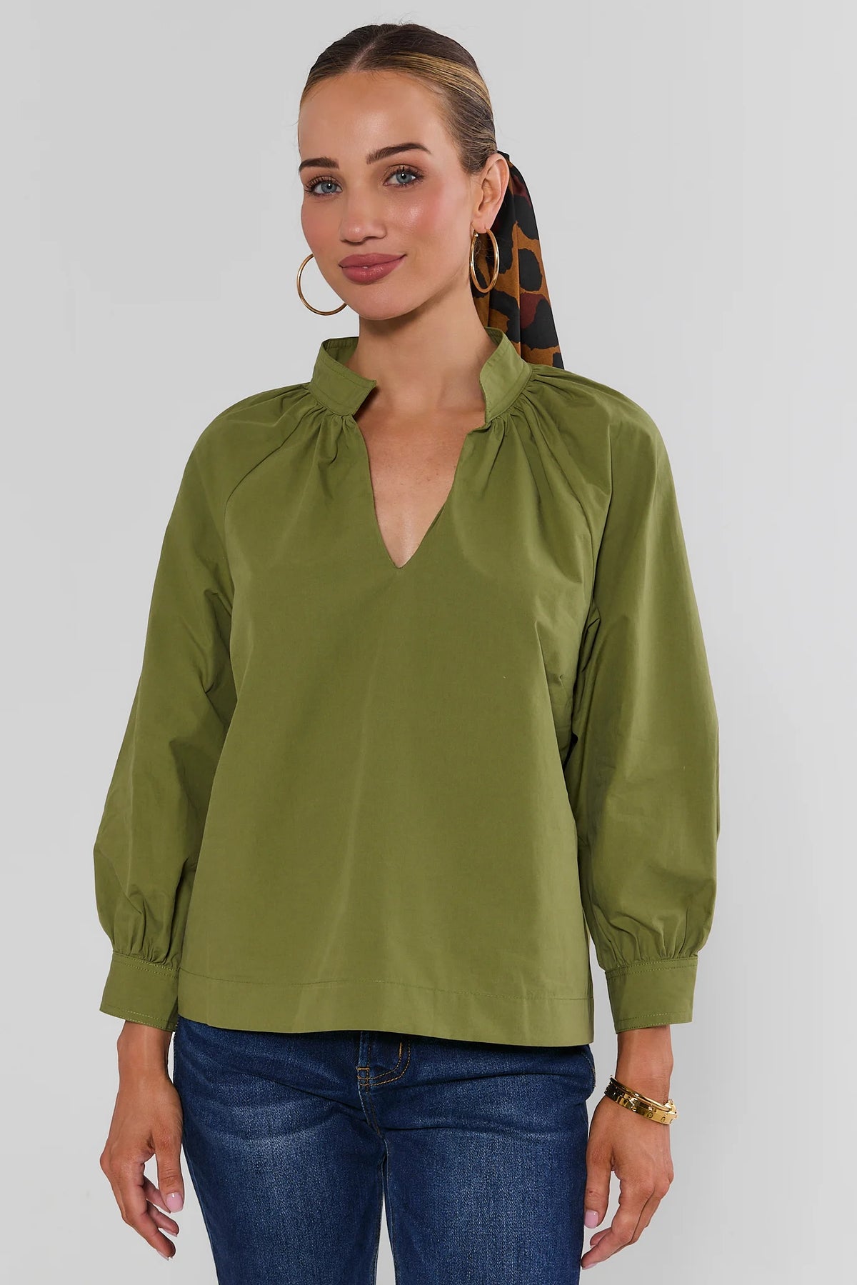 Olive Green Split Neck Top - Front View On Model | Avara